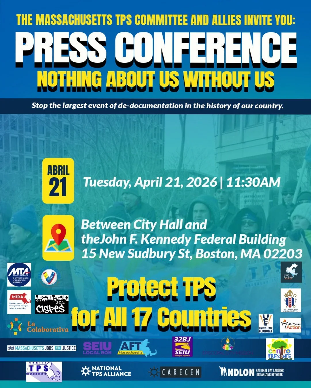 Please join the Mass TPS Committee and our allies on Tuesday, April 21st for a press conference at Boston City Hall. Together, we will call on the U.S. Supreme Court to stop what could become the largest de-documentation of legal immigrants in U.S. h
