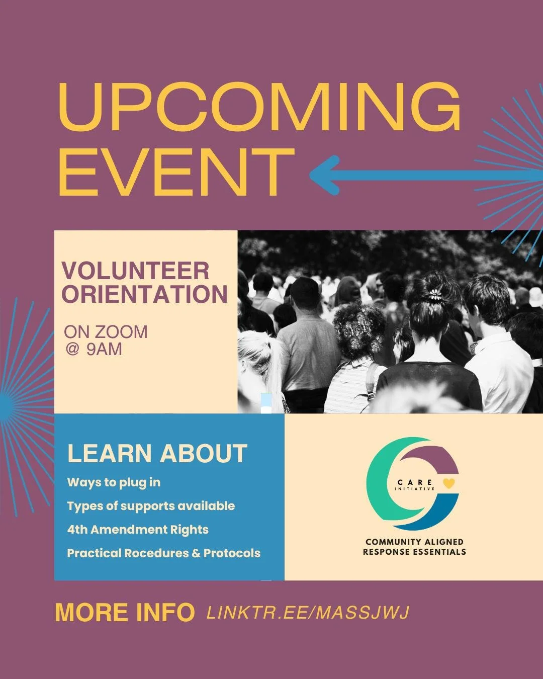 UPCOMING EVENT 🚨

Join the CARE Initiative Volunteer Orientation on Zoom at 9 AM!

Learn:
✨ Ways to plug in
✨ Support roles available
✨ 4th Amendment rights
✨ Practical procedures &amp; protocols

Help build a stronger community response network 💛
