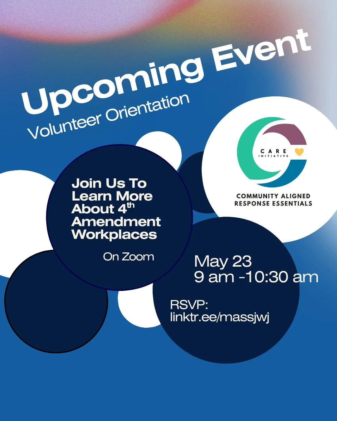REMINDER: CARE Volunteer Orientation 

Want to help defend our communities and support local businesses this summer?

Join us on May 23 at 9 AM on Zoom to learn how you can plug into the CARE Initiative&rsquo;s growing community defense network. 

We