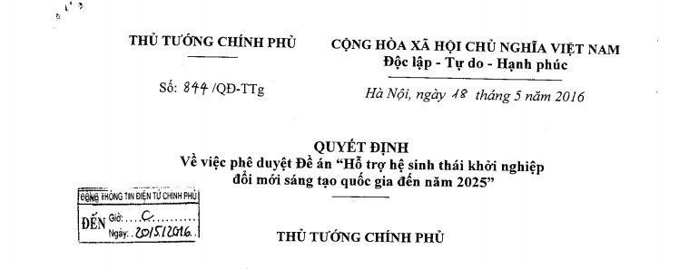 Quyết định 844/QĐ-TTg ngày 18/5/2016 của Thủ tướng Chính phủ về Đề án hỗ trợ hệ sinh thái khởi nghiệp