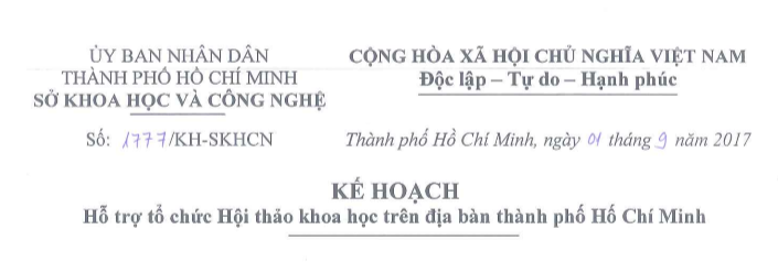 Kế hoạch số 1777/KH-SKHCN ngày 1/9/2017 hỗ trợ tổ chức Hội thảo khoa học trên địa bàn thành phố Hồ Chí Minh