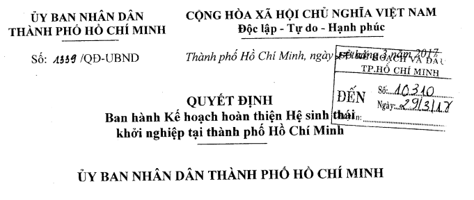 Quyết định 1339/QĐ-UBND ngày 27/3/2017 của Ủy ban nhân dân thành phố về ban hành Hệ sinh thái Khởi nghiệp tại thành phố Hồ Chí Minh