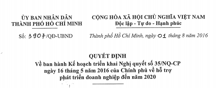 Quyết định số 3907/QĐ-UBND ngày 01/8/2016 về ban hành Kế hoạch triển khai Nghị quyết số 35/NQ-CP ngày 16 tháng 5 năm 2016 của Chính phủ về hỗ trợ phát triển doanh nghiệp đến năm 2020
