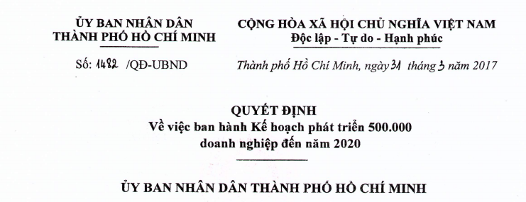 Quyết định 1482/QĐ-UBND ngày 31/3/2017 của Ủy ban nhân dân thành phố về việc ban hành Kế hoạch phát triển 500.000 doanh nghiệp đến năm 2020.