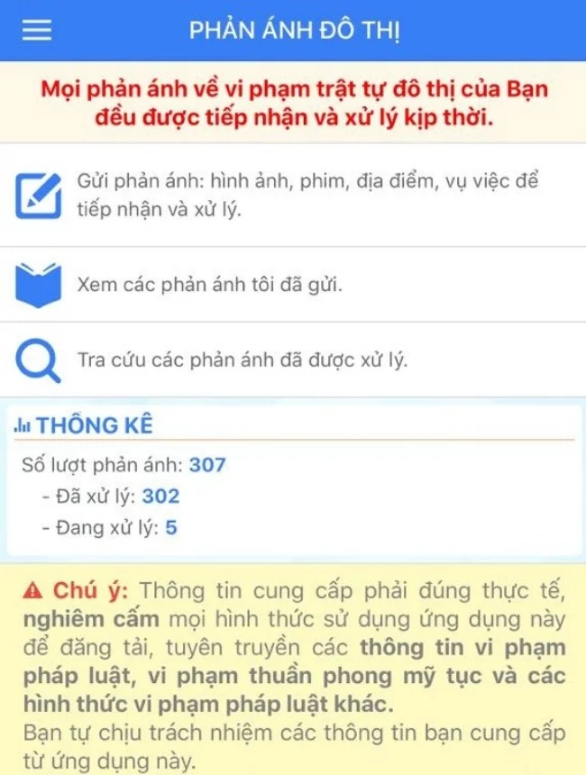 Giao diện tính năng phản ánh đô thị của quận Tân Phú