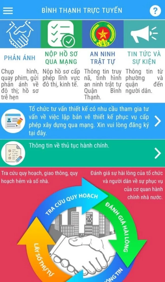 Giao diện rất đầy đủ tính năng của ứng dụng Bình Thạnh Trực Tuyến