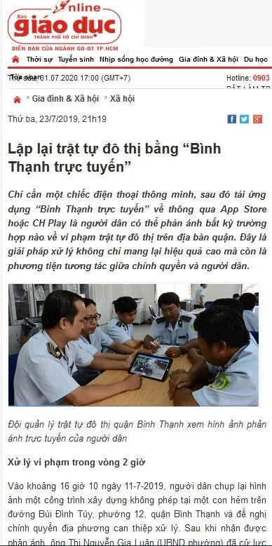 Mã số N3026: Lập lại trật tự đô thị bằng “Bình Thạnh trực tuyến”