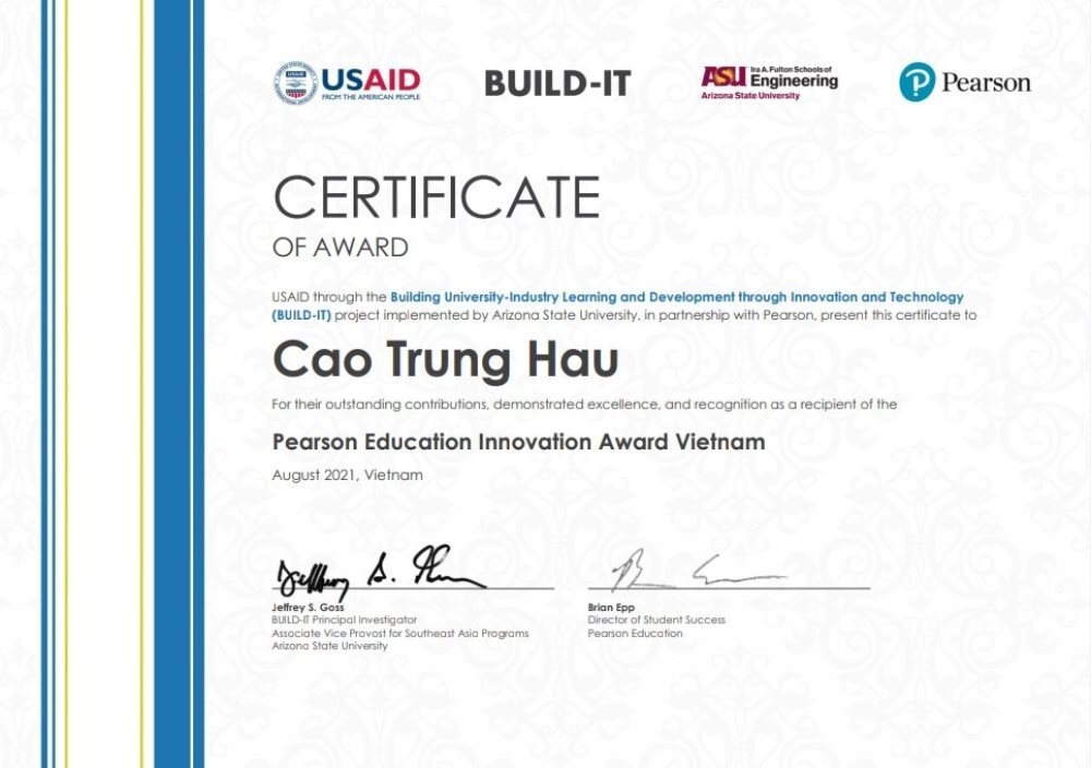 Chứng chỉ đổi mới sáng tạo do Mỹ cấp (Pearson Education Innovation Adward Vietnam)