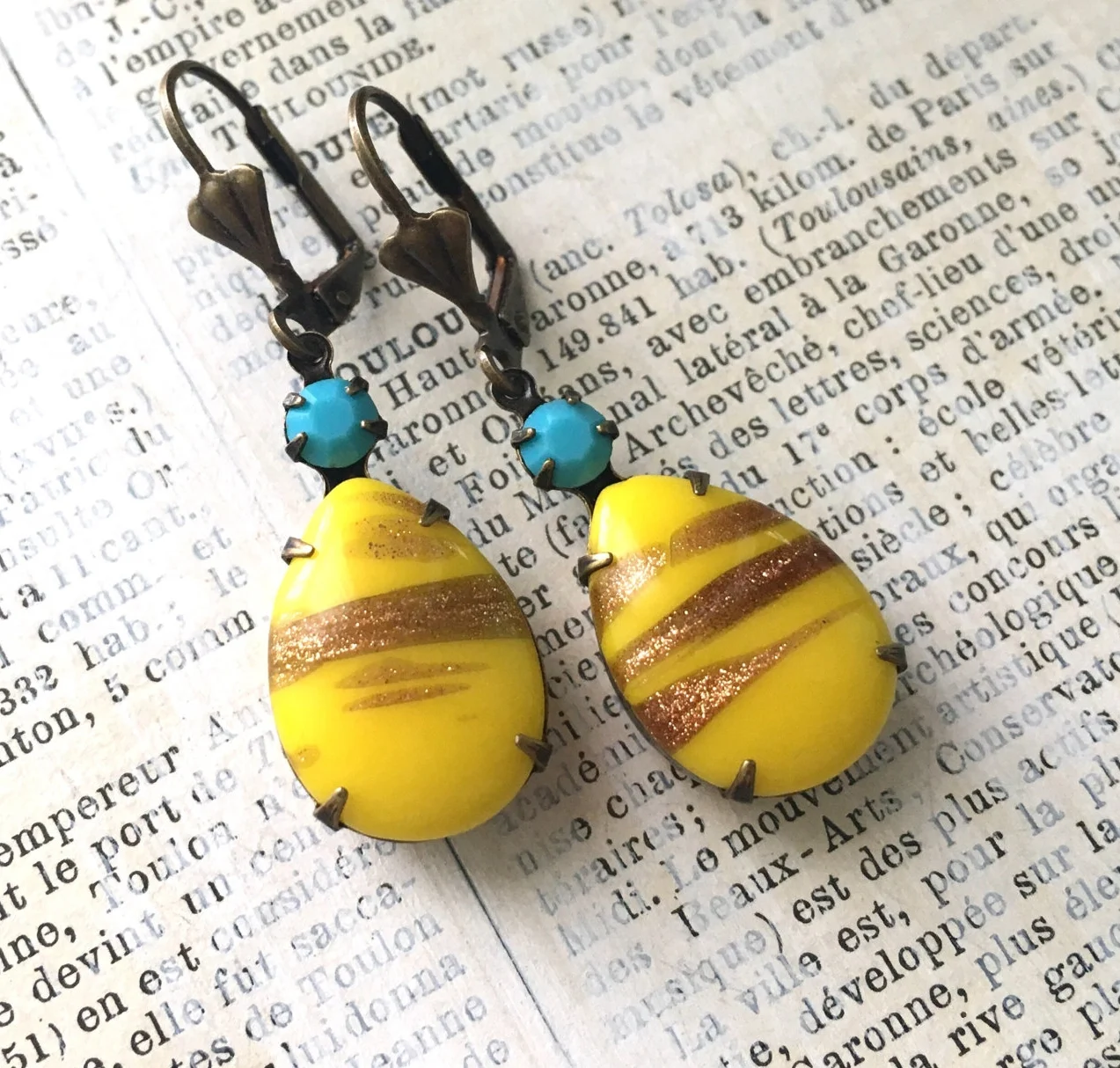 Vintage Rhinestone Earrings - Yellow and Turquoise