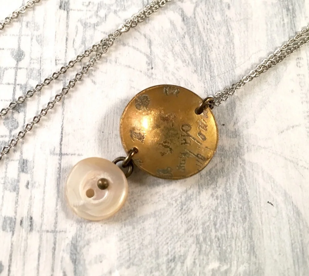 Vintage Button and Etched Brass Necklace - Mixed Metal