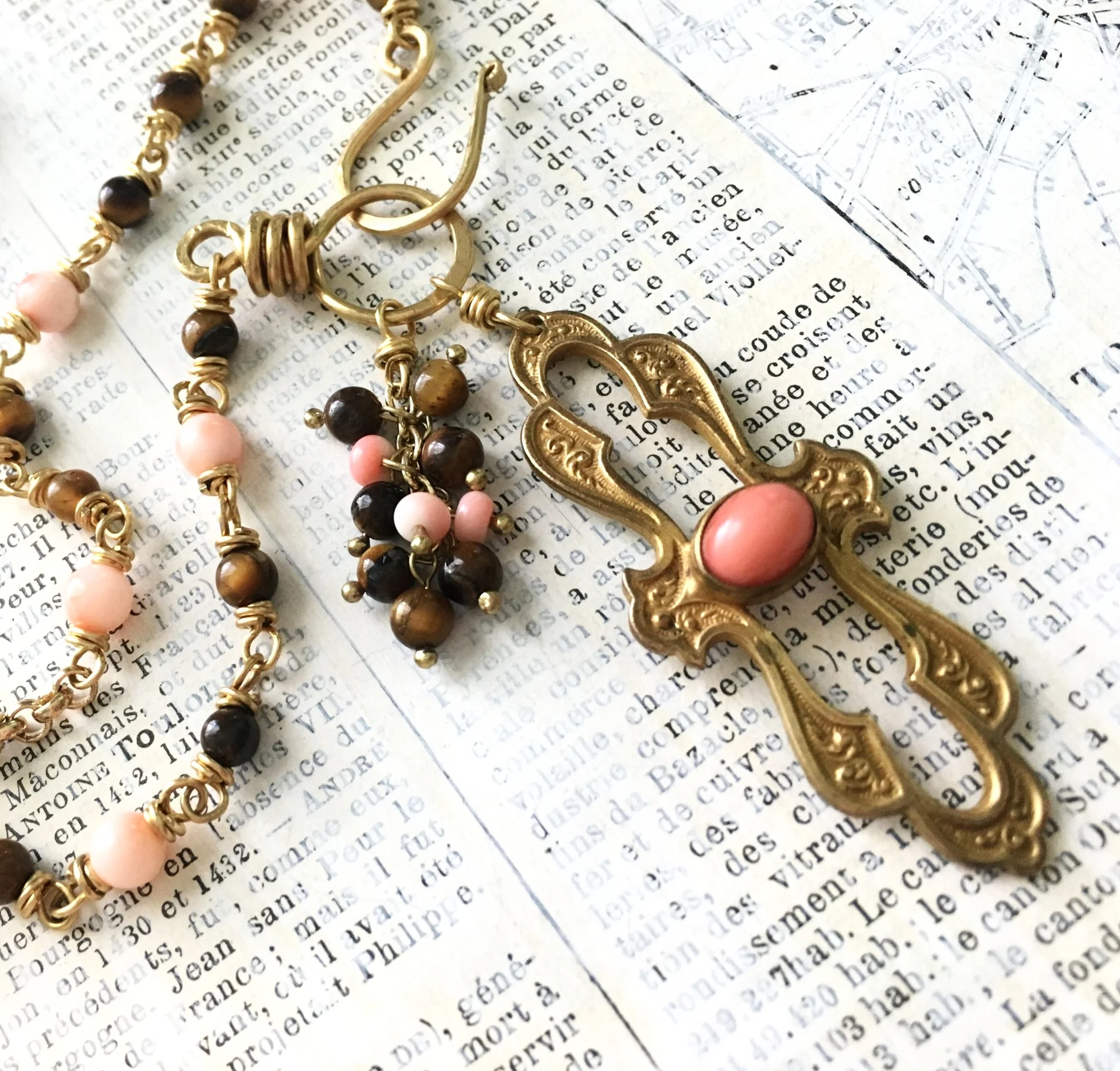 Luxe Coral and Tigers Eye Beaded Necklace | Brass Edwardian
