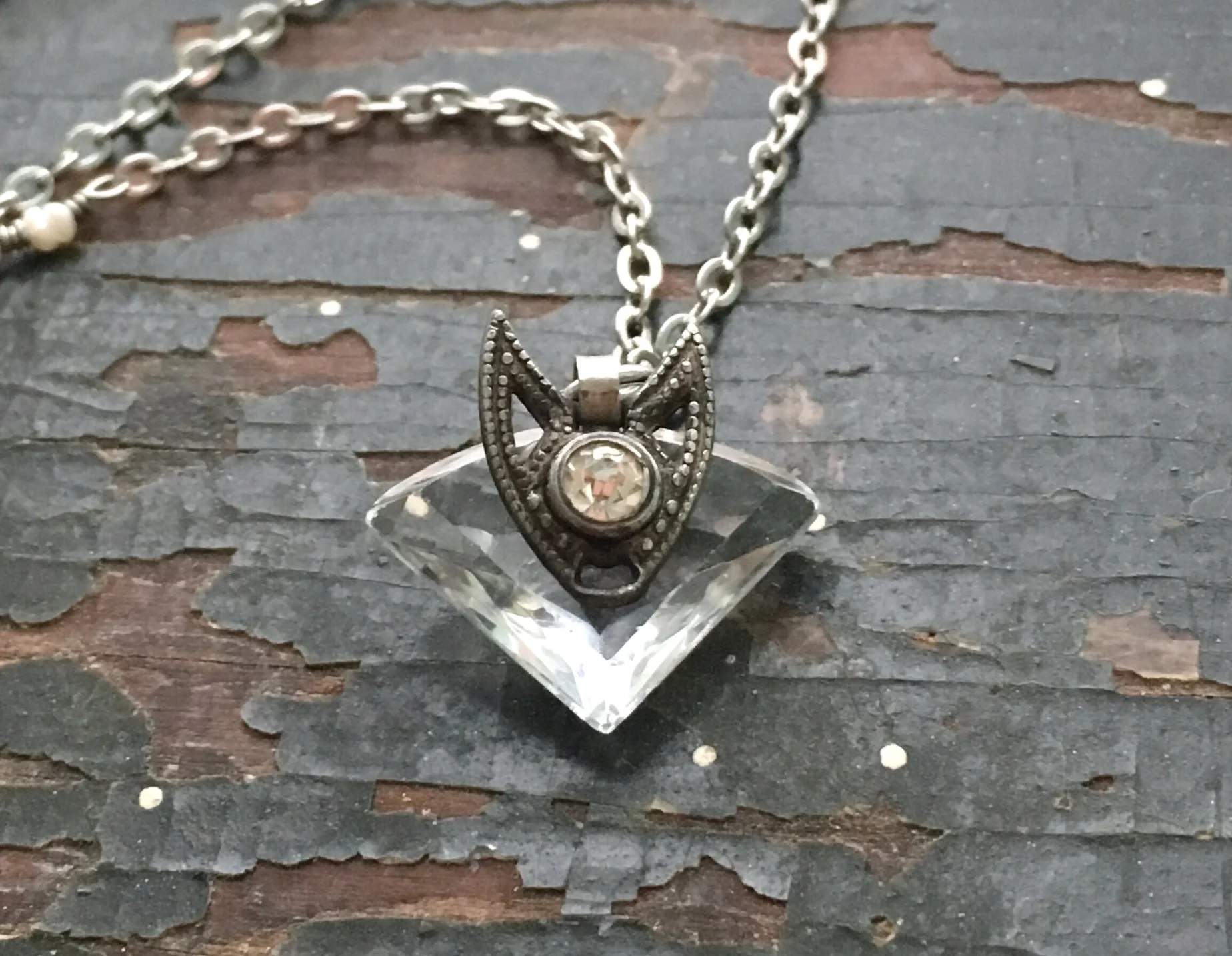 Clear Long Art Deco Rectangle Necklace | Rhinestones Silver