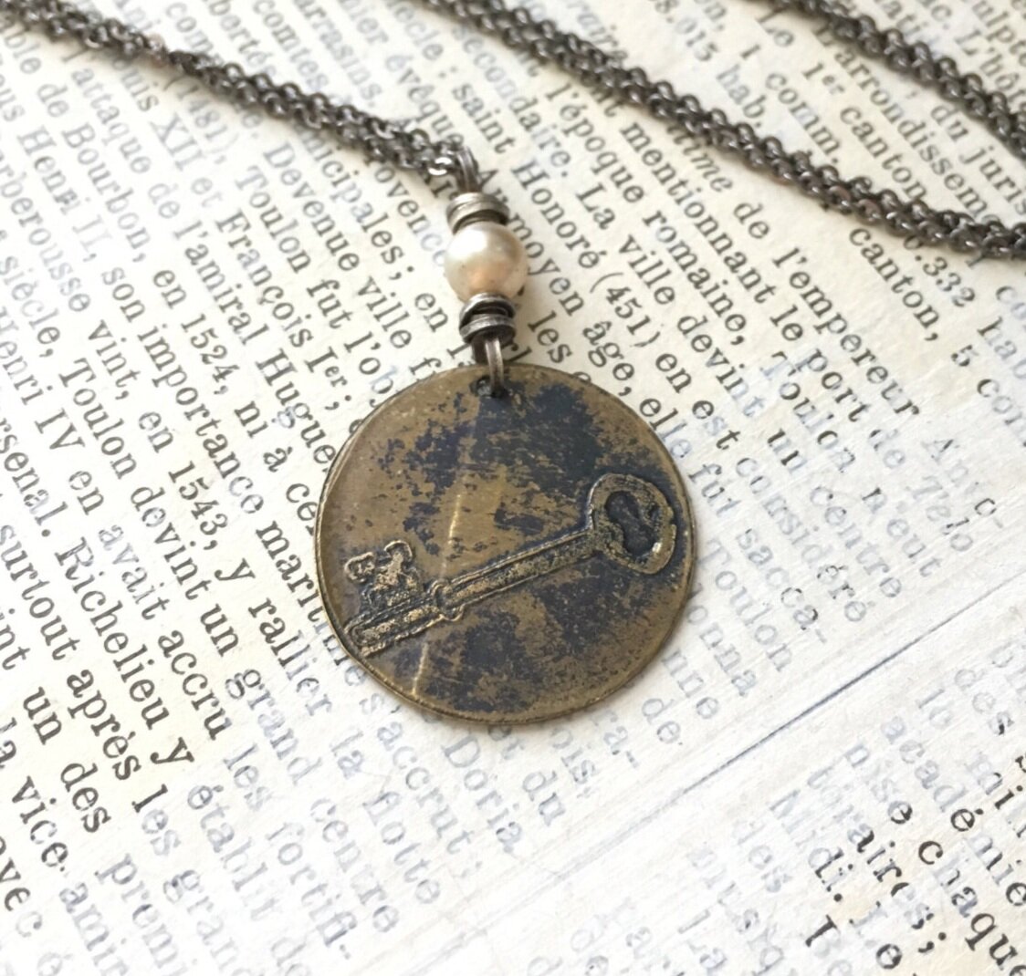 Handmade Etched Brass Key Necklace - Long Wire Wrapped Vintage Pearls Steampunk