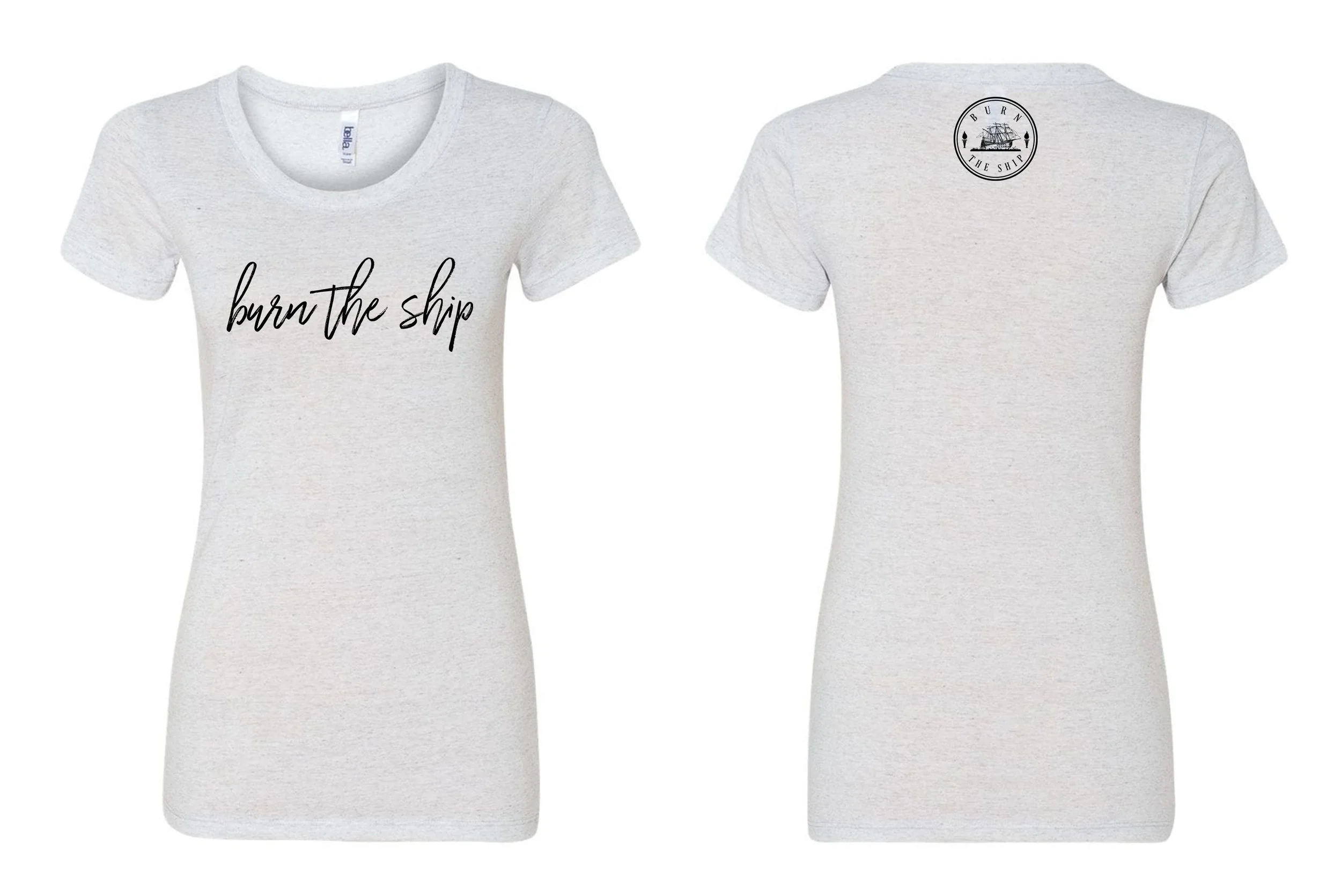 Womens White Fleck script tee.jpg