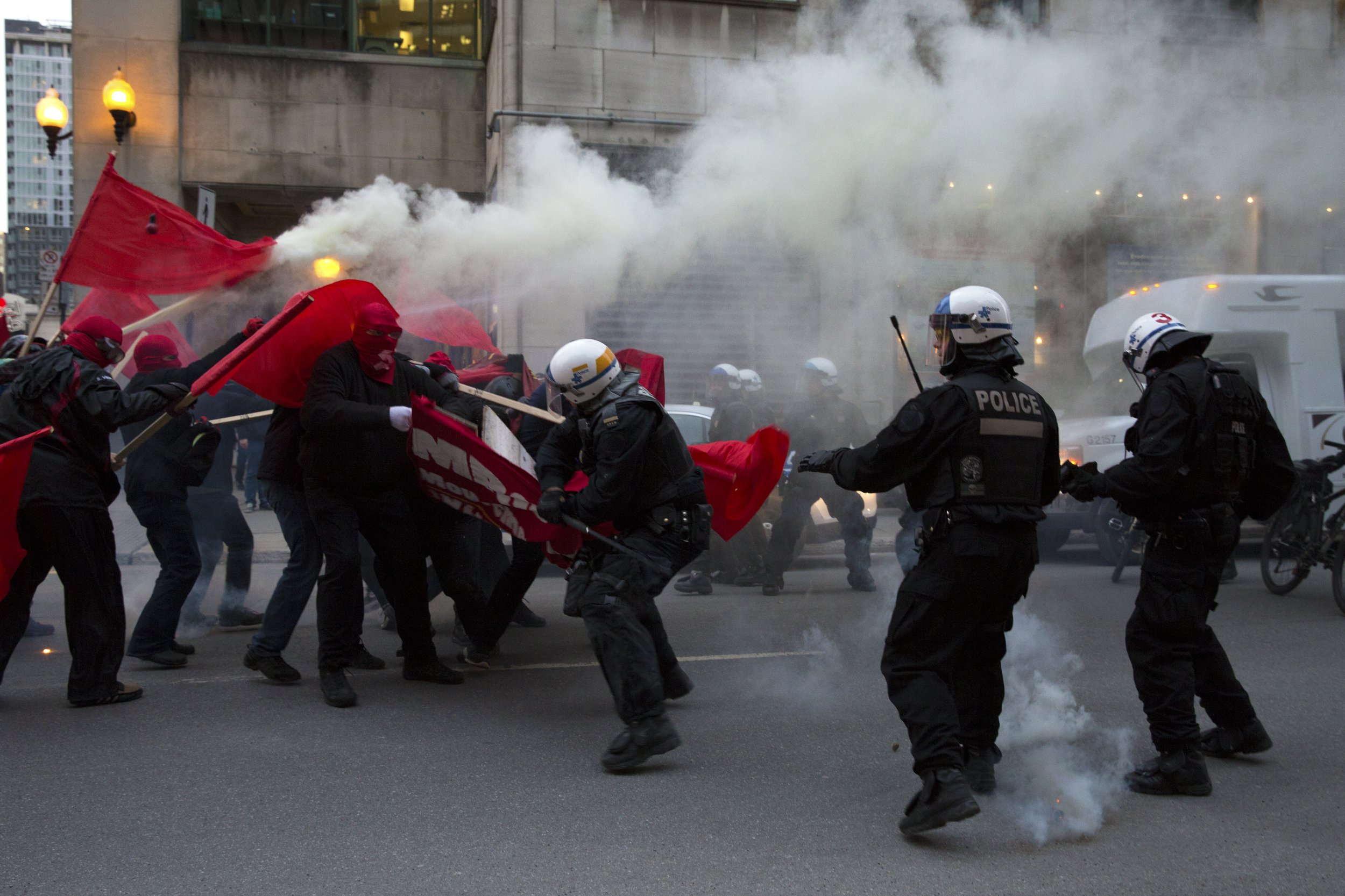  Demonstrators and SPVM fighting in the streets during May Day demonstrations. May 1 2018.  