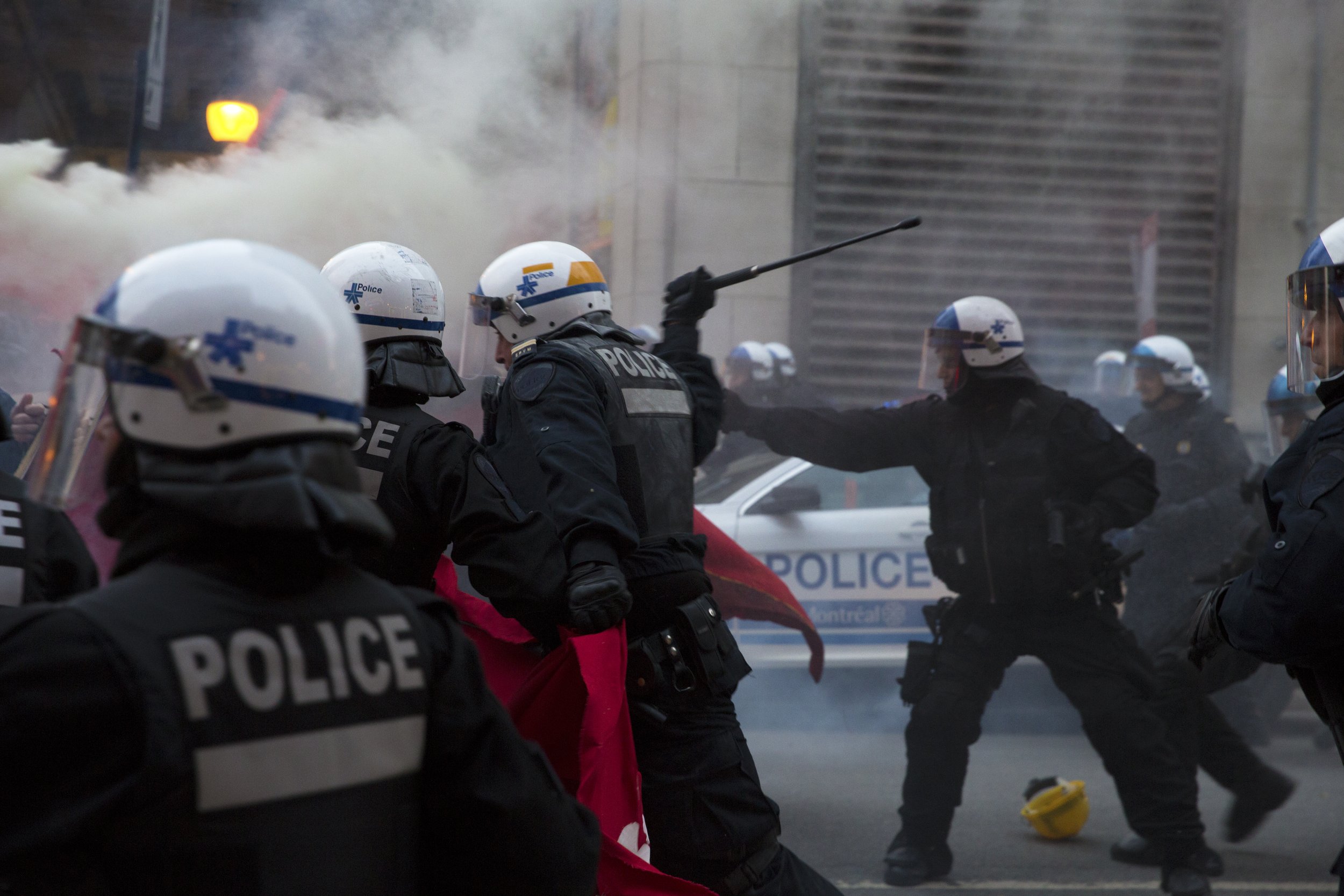  Demonstrators and SPVM fighting in the streets during May Day demonstrations. May 1 2018.  