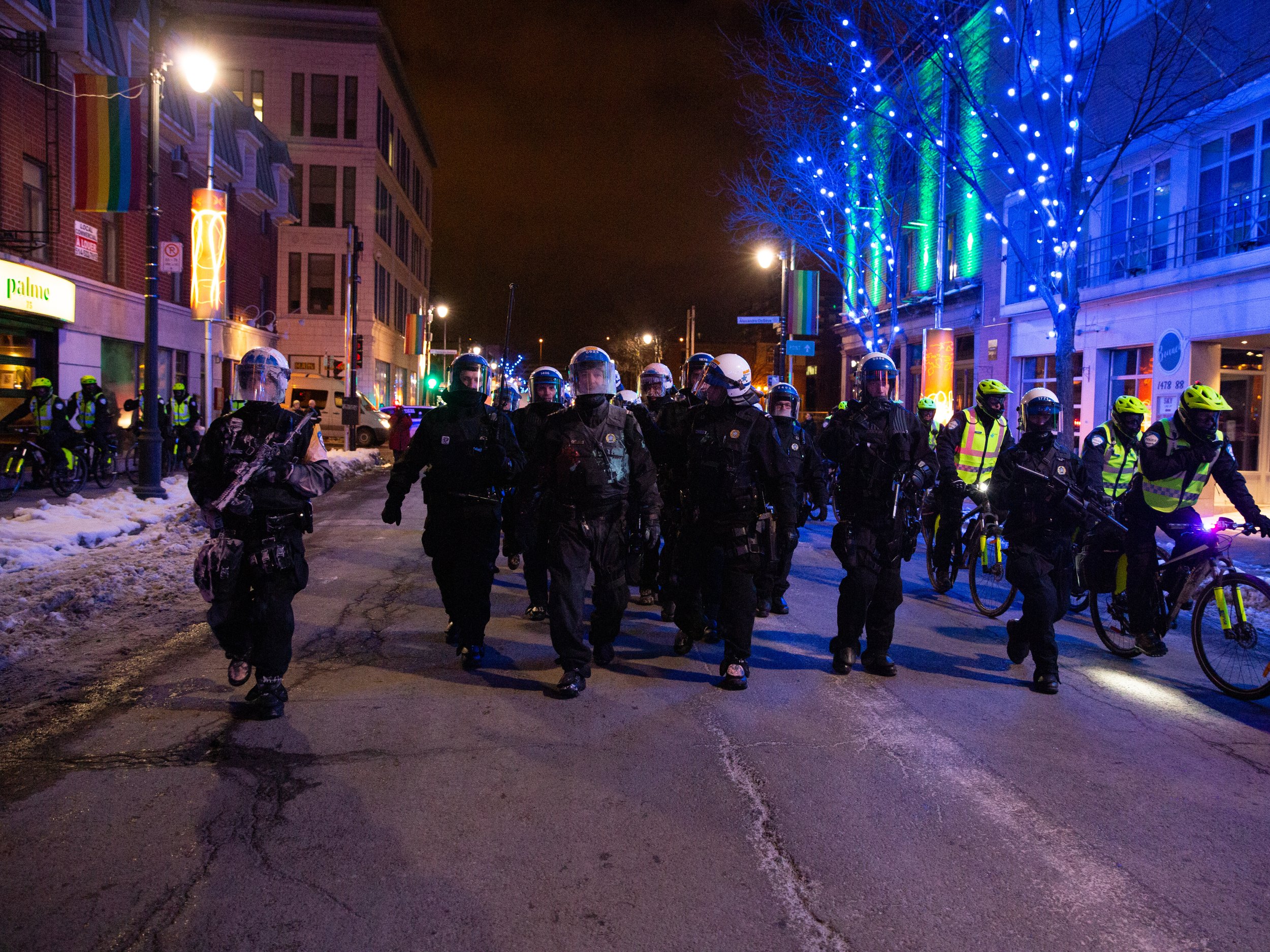  Montreal Police following a demonstration against police brutality in downtown Montreal. March 15 2018.  