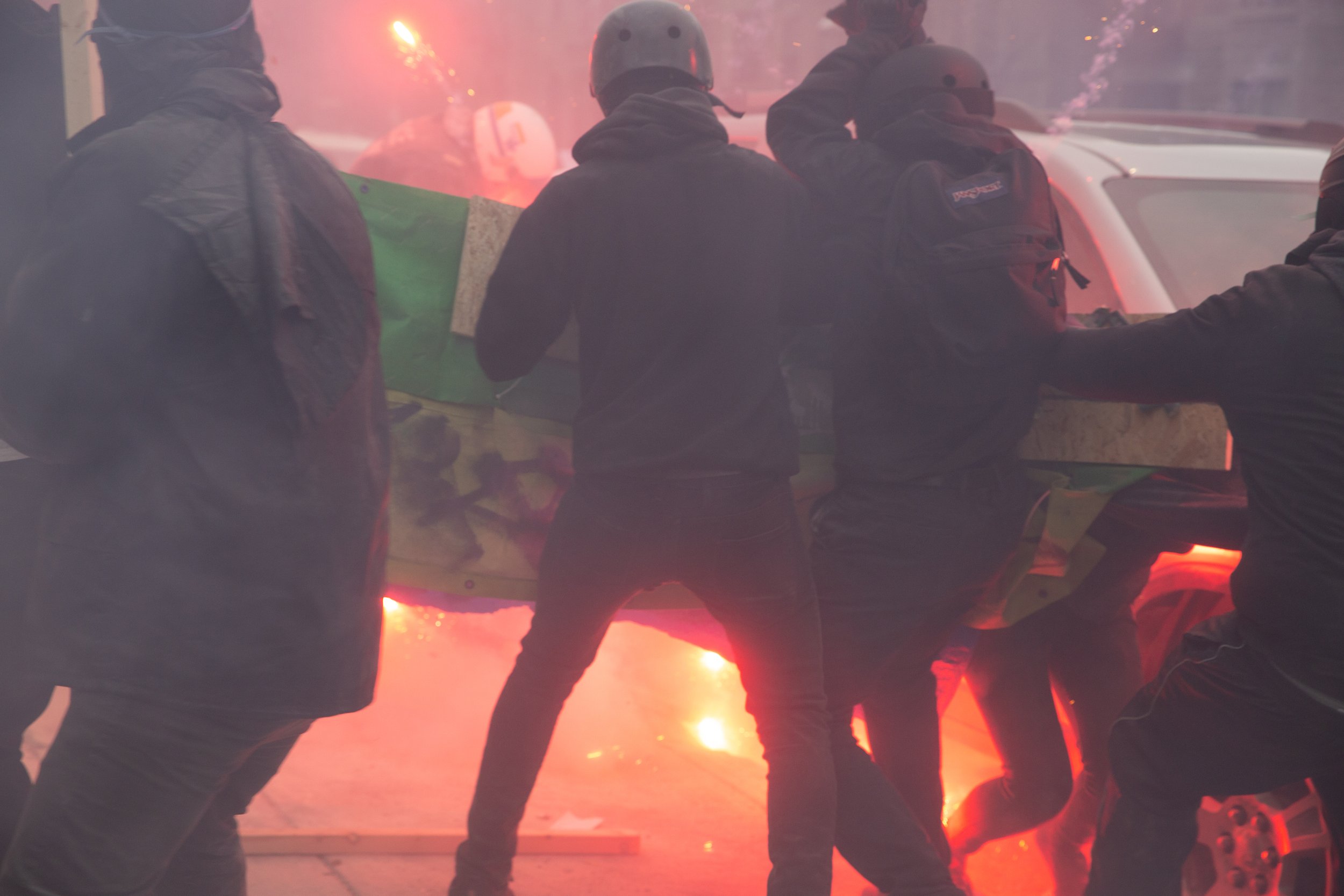  Protesters clashing with Montreal Police (SPVM) during May Day demonstrations. May 1, 2018.  