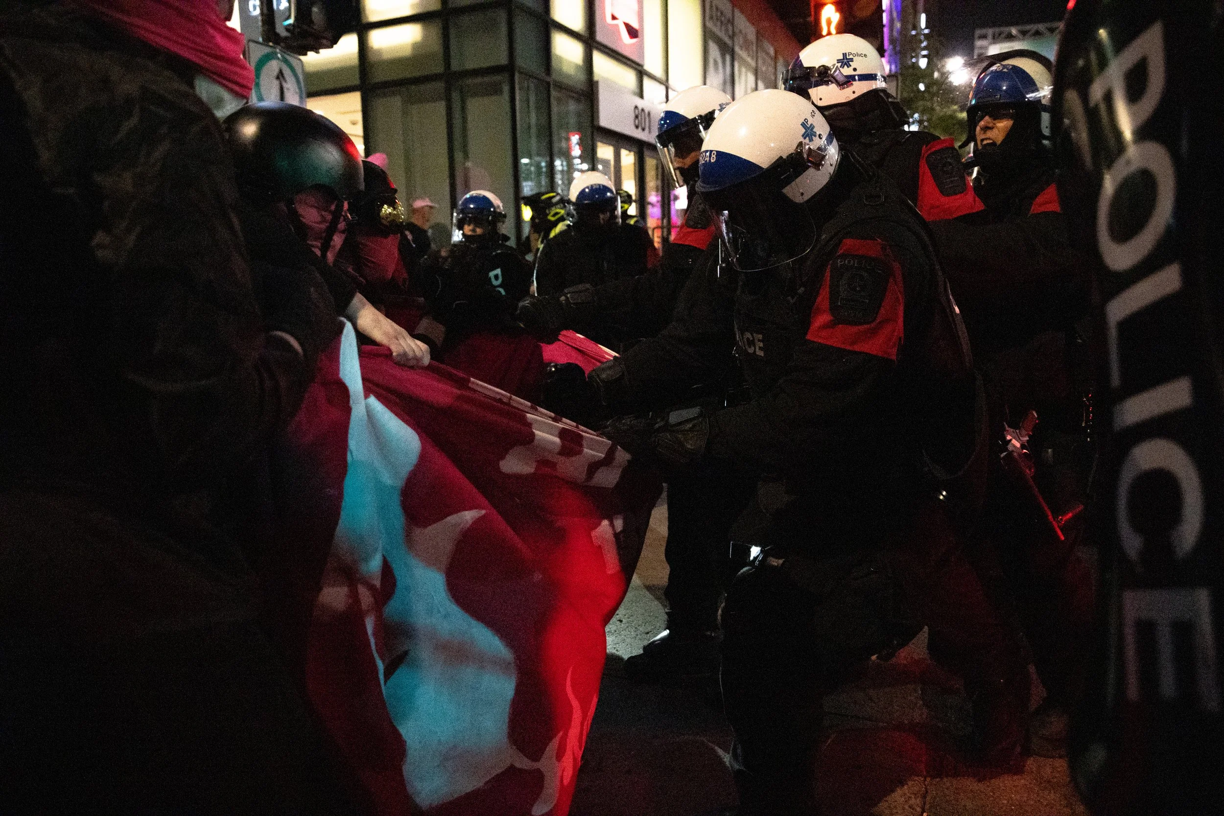 SPVM riot police beating demonstrators at Rad Pride. August 9, 2025.