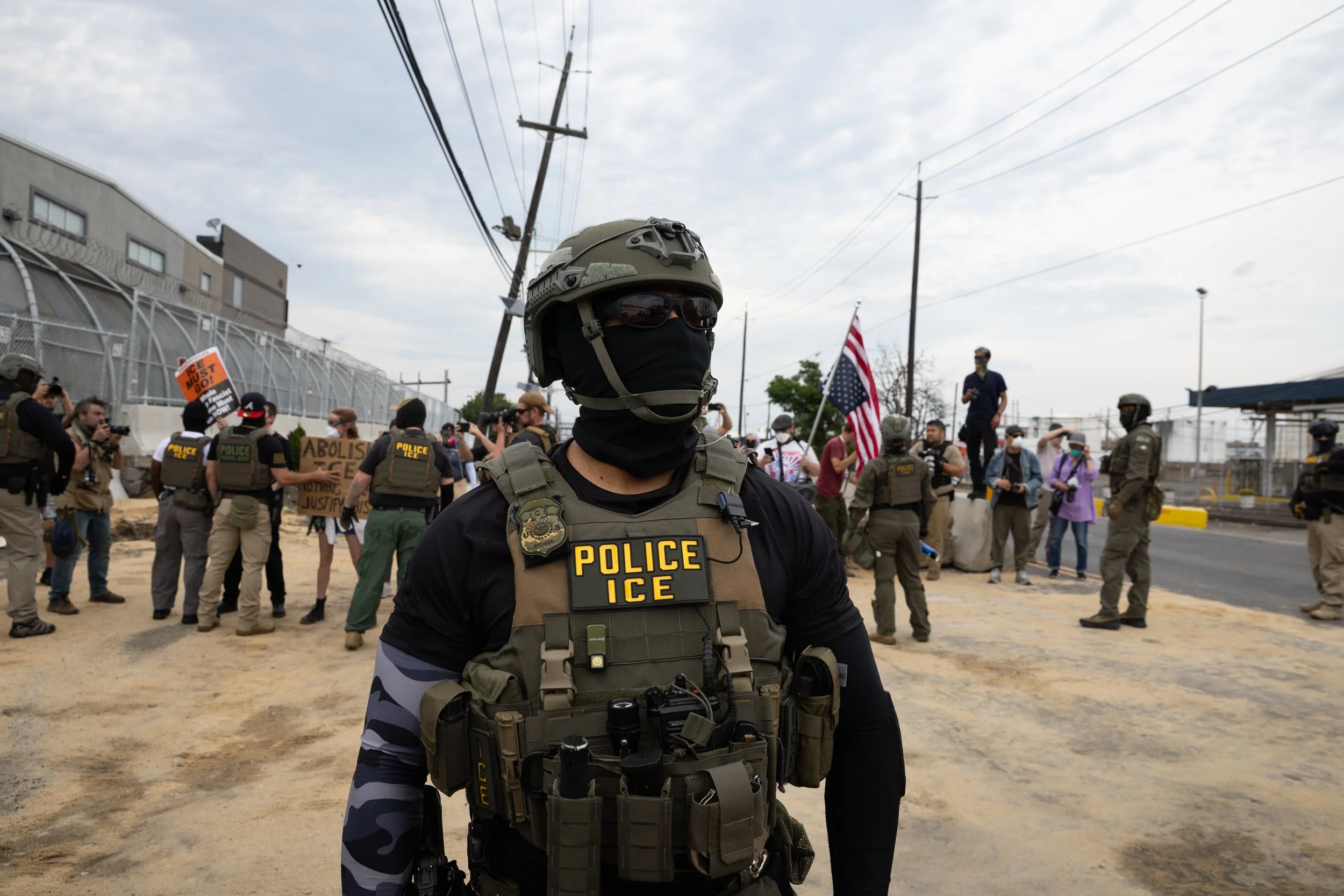  ICE agents confronting demonstrators outside Delaney Hall Detention Center. Newark, New Jersey. June 6, 2026. William Wilson. 