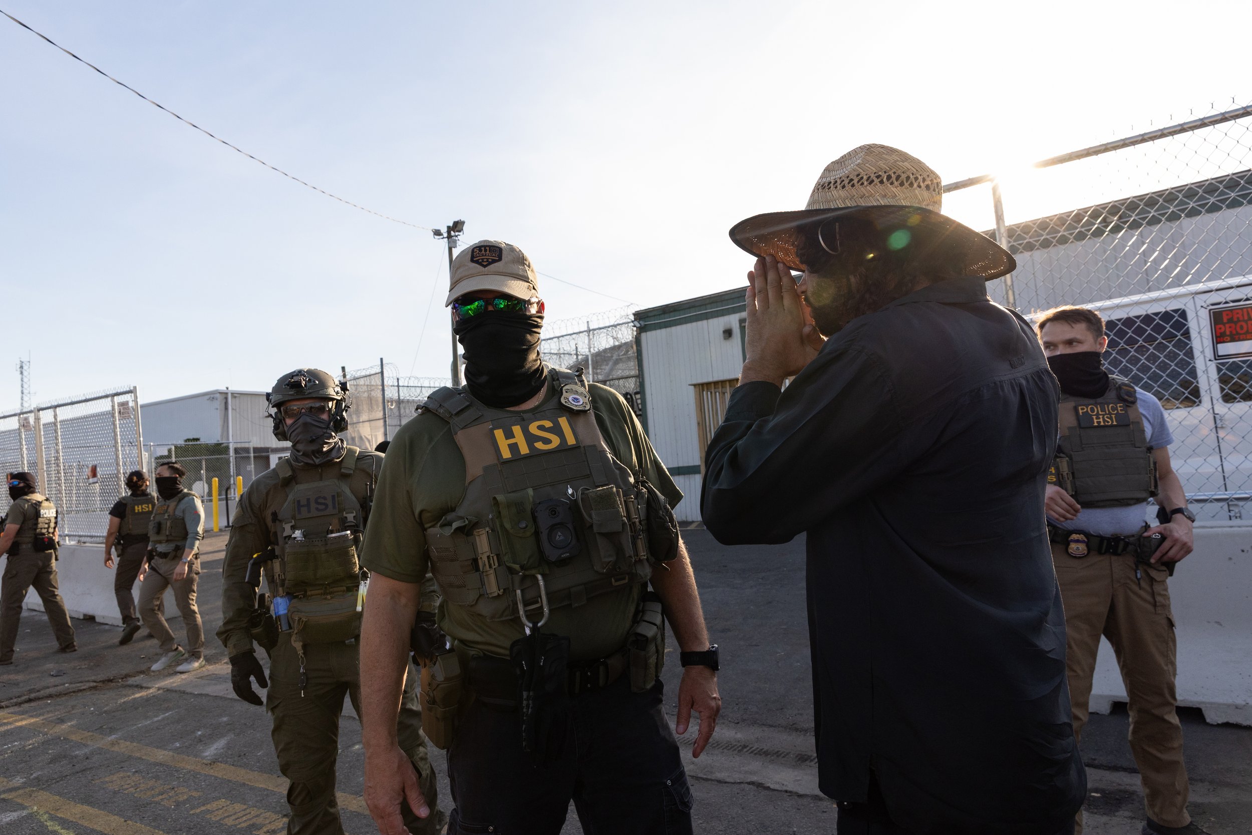  ICE agents confronting demonstrators outside Delaney Hall Detention Center. Newark, New Jersey. June 6, 2026. William Wilson. 