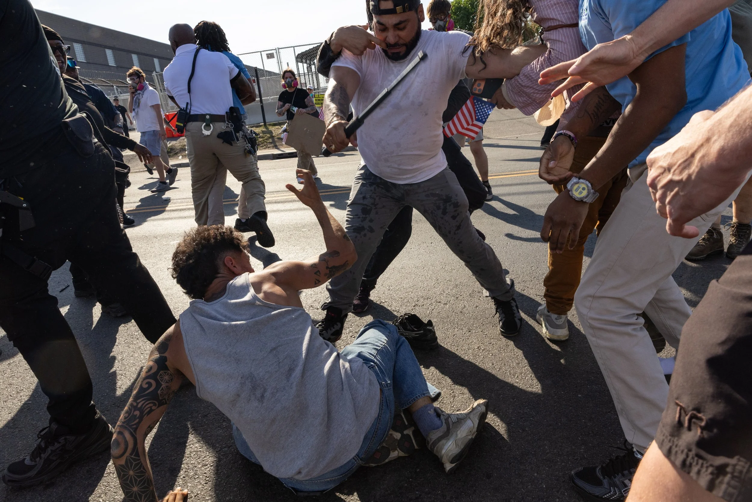  GEO Group employees brawl with demonstrators outside ICE’s Delaney Hall Detention Center. Newark, New Jersey. June 5, 2026. William Wilson.  