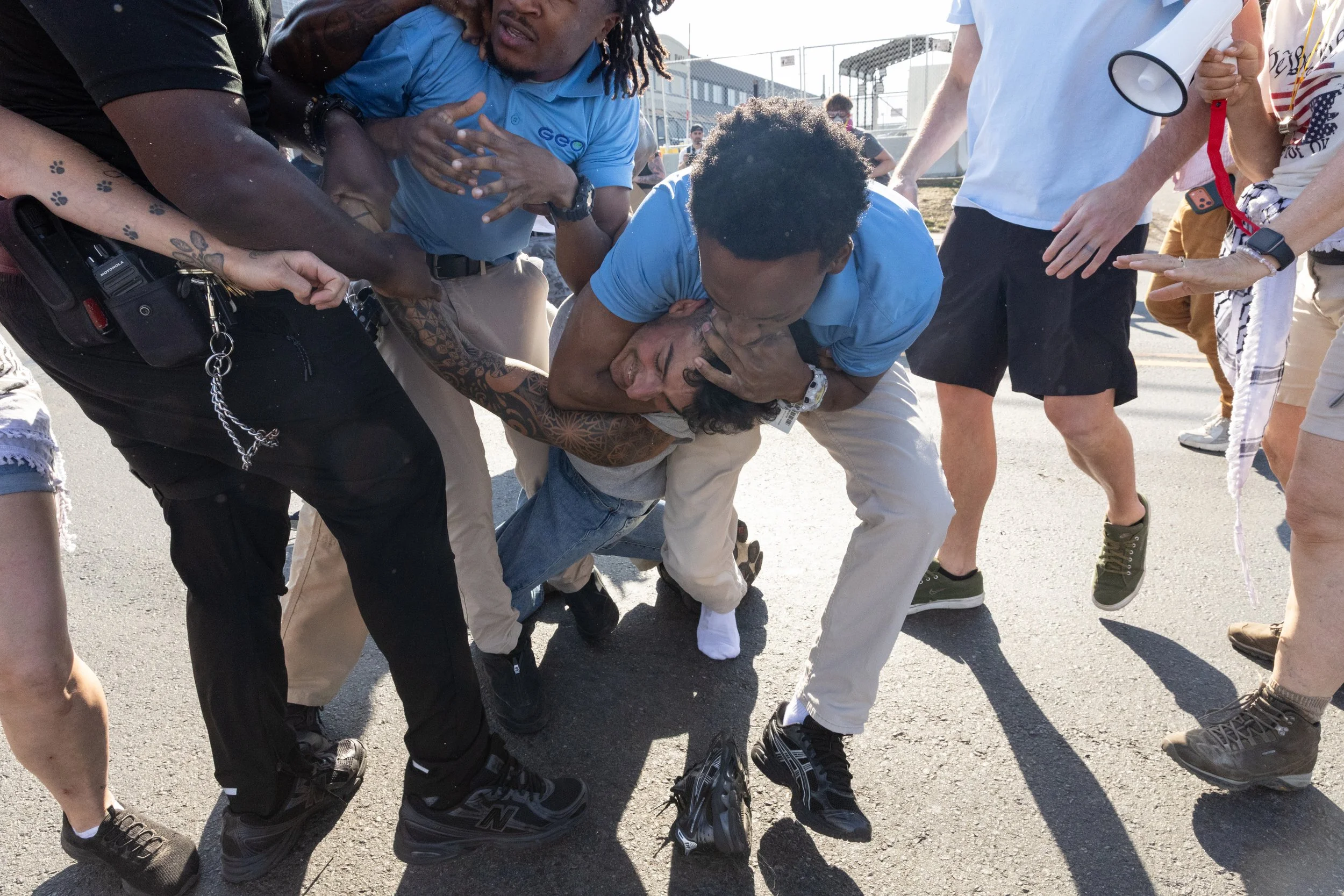  GEO Group employees brawl with demonstrators outside ICE’s Delaney Hall Detention Center. Newark, New Jersey. June 5, 2026. William Wilson.  