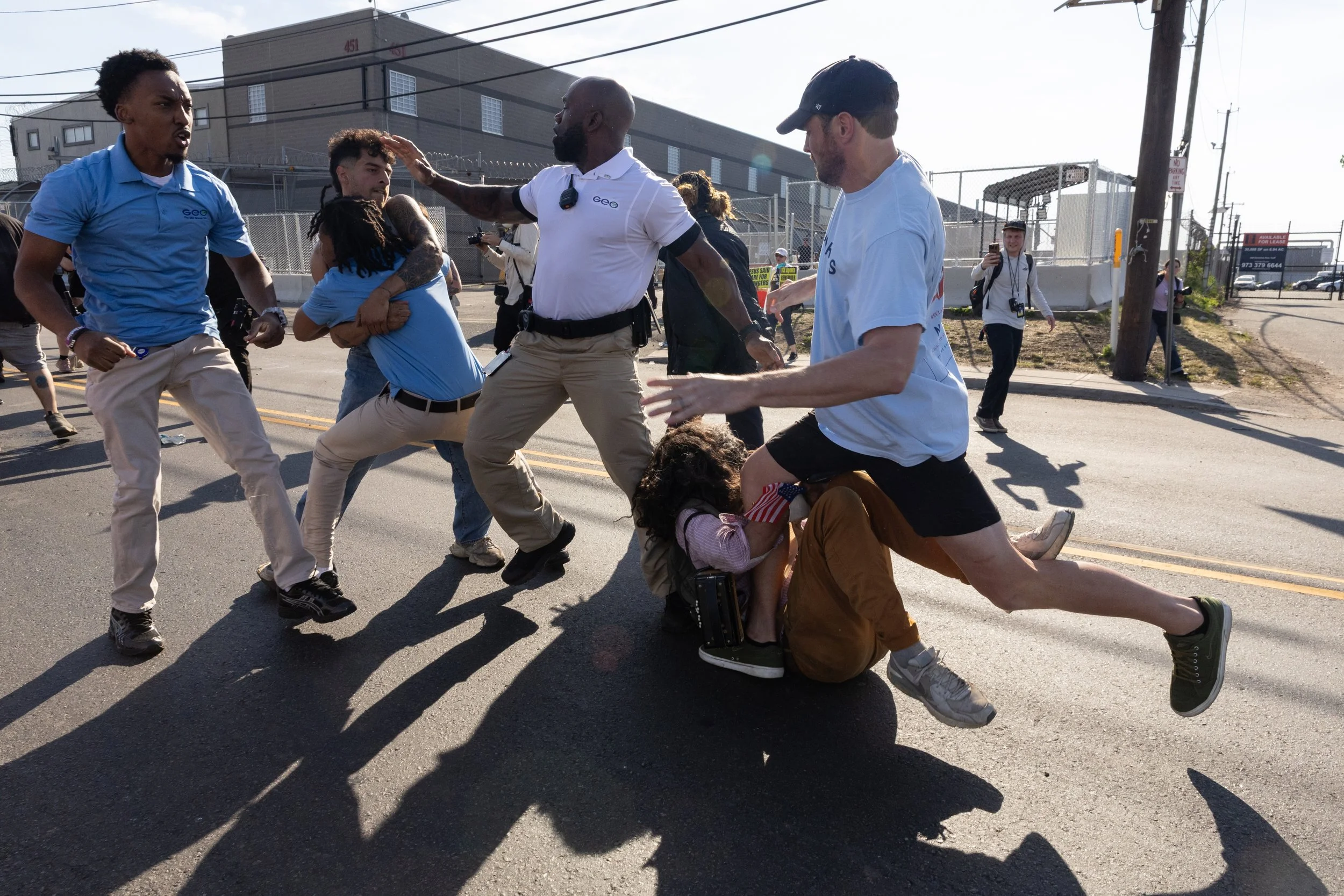  GEO Group employees brawl with demonstrators outside ICE’s Delaney Hall Detention Center. Newark, New Jersey. June 5, 2026. William Wilson.  