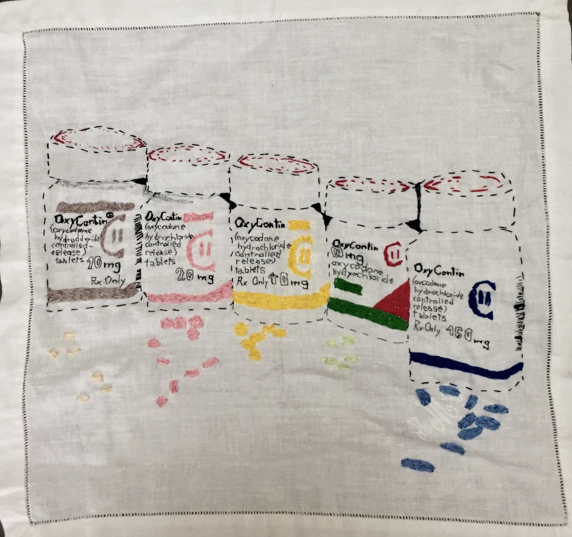 PHARMA SERIES: OXYCONTIN embroidery on a vintage linen napkin (FRAMED) -2017 $1500