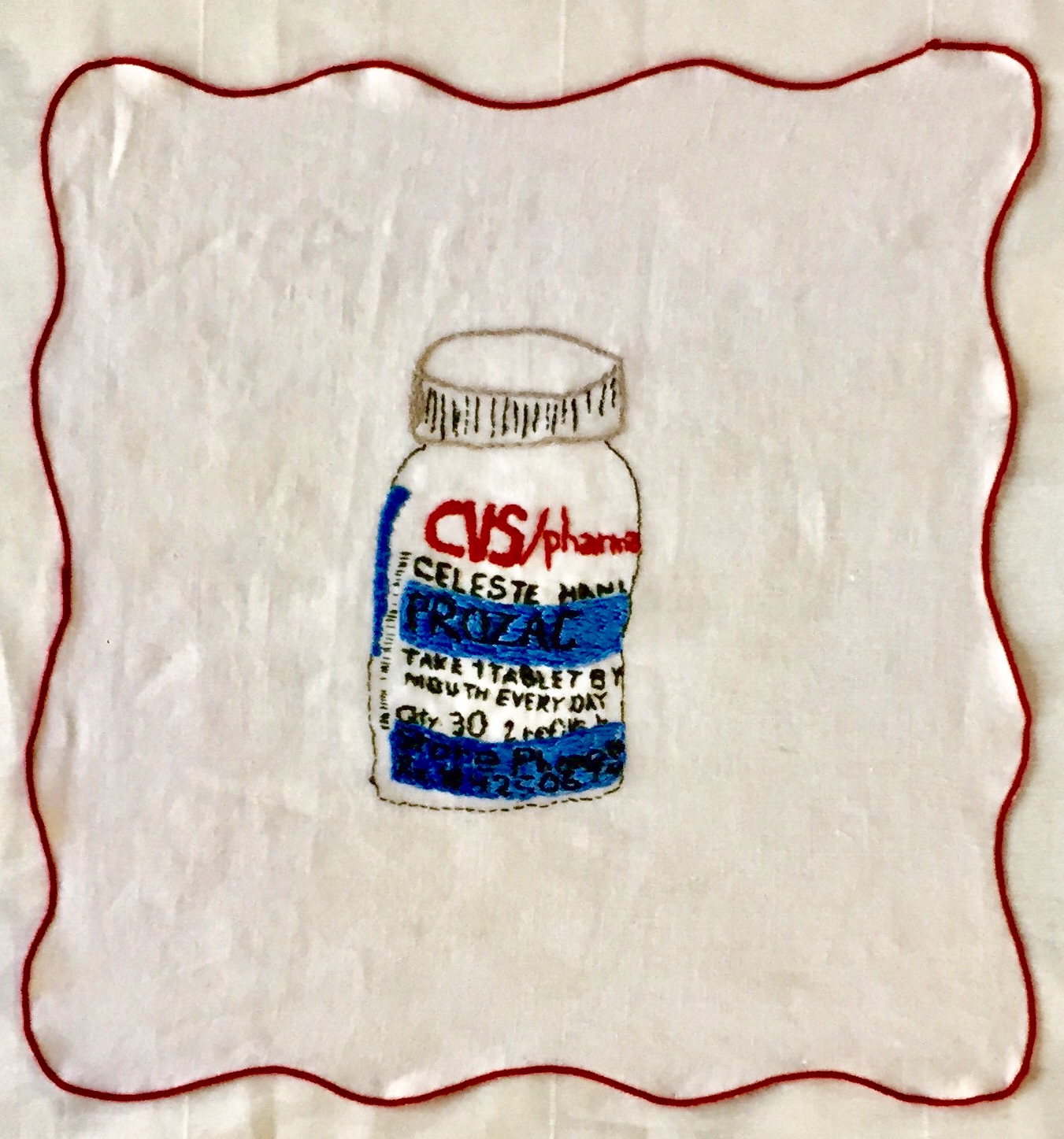 PHARMA SERIES: PROZAC-embroidery on a vintage linen napkin-2017, SOLD