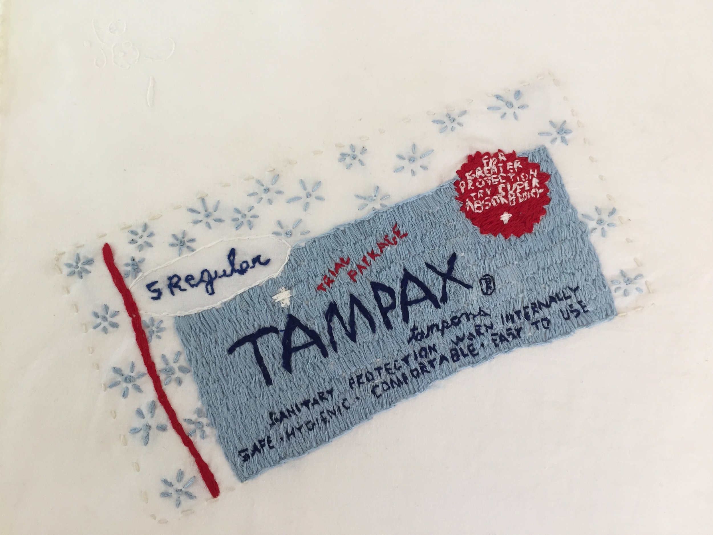 OVER THE COUNTER SERIES: TAMPAX embroidery on a vintage linen napkin-2017 $650