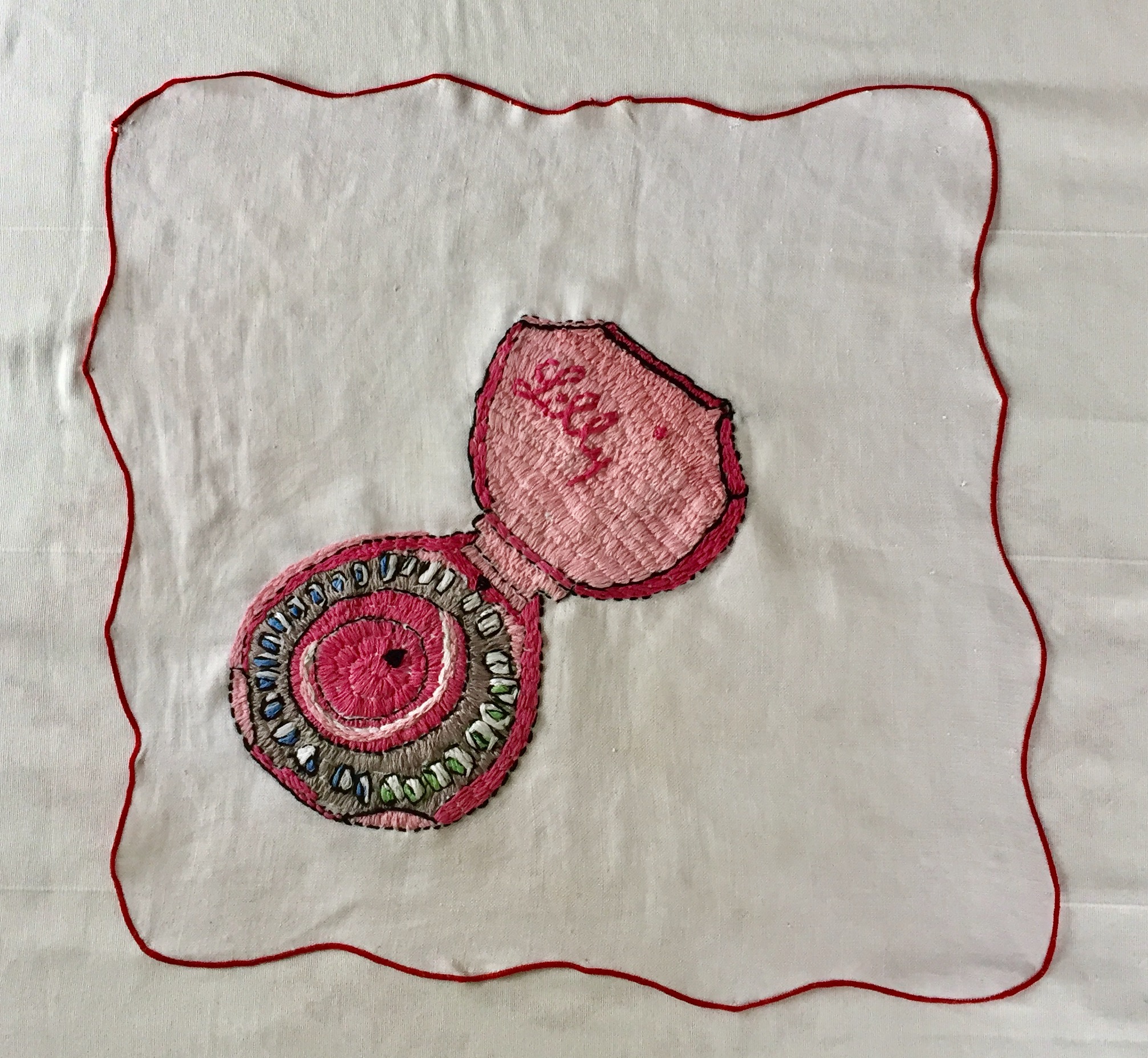 PHARMA SERIES: LILLY BIRTH CONTROL PILLS embroidery on a vintage linen napkin-2017, SOLD
