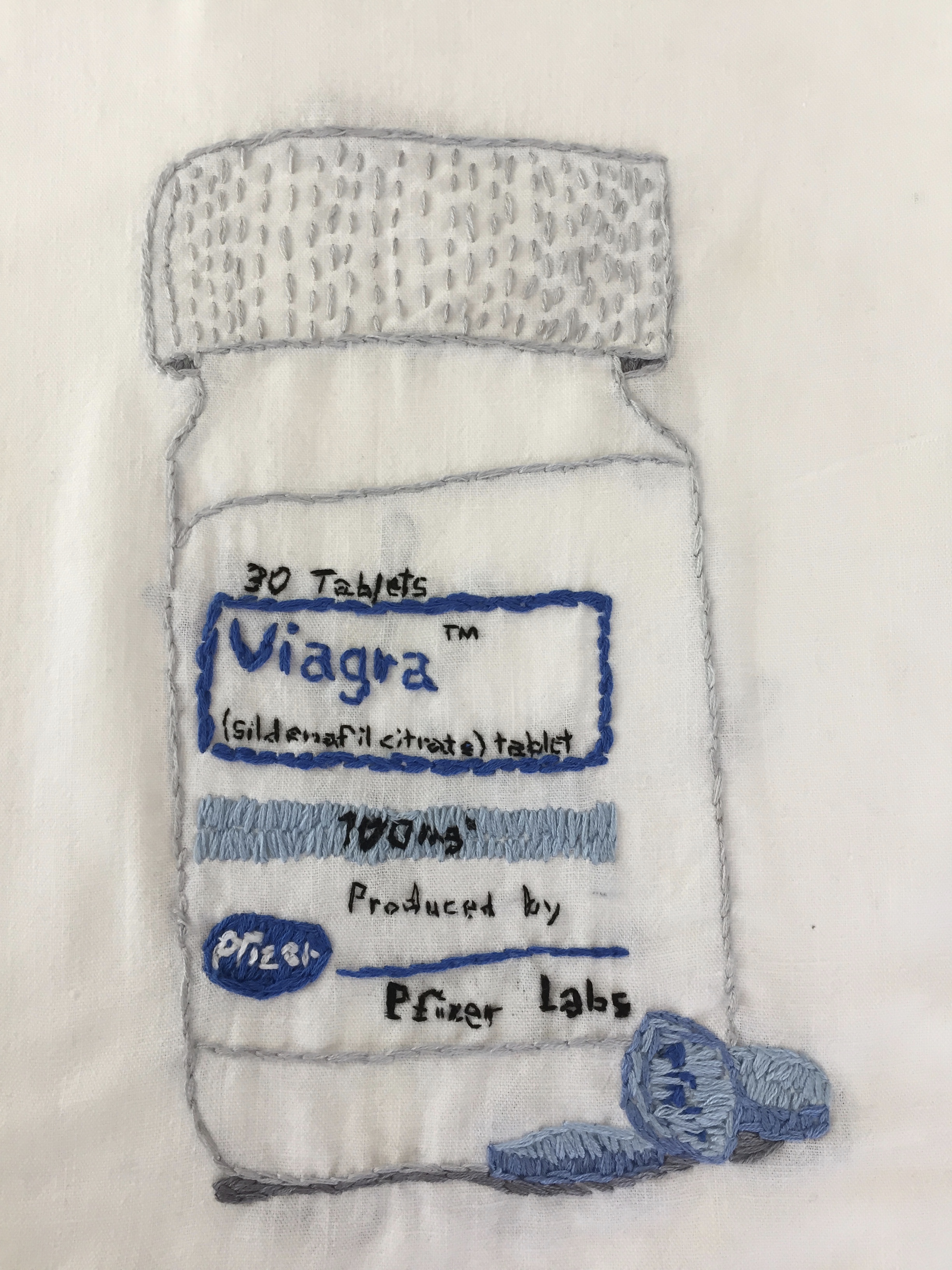 PHARMA SERIES: VIAGRA hand-embroidery on a vintage linen napkin-2017 $750 SOLD
