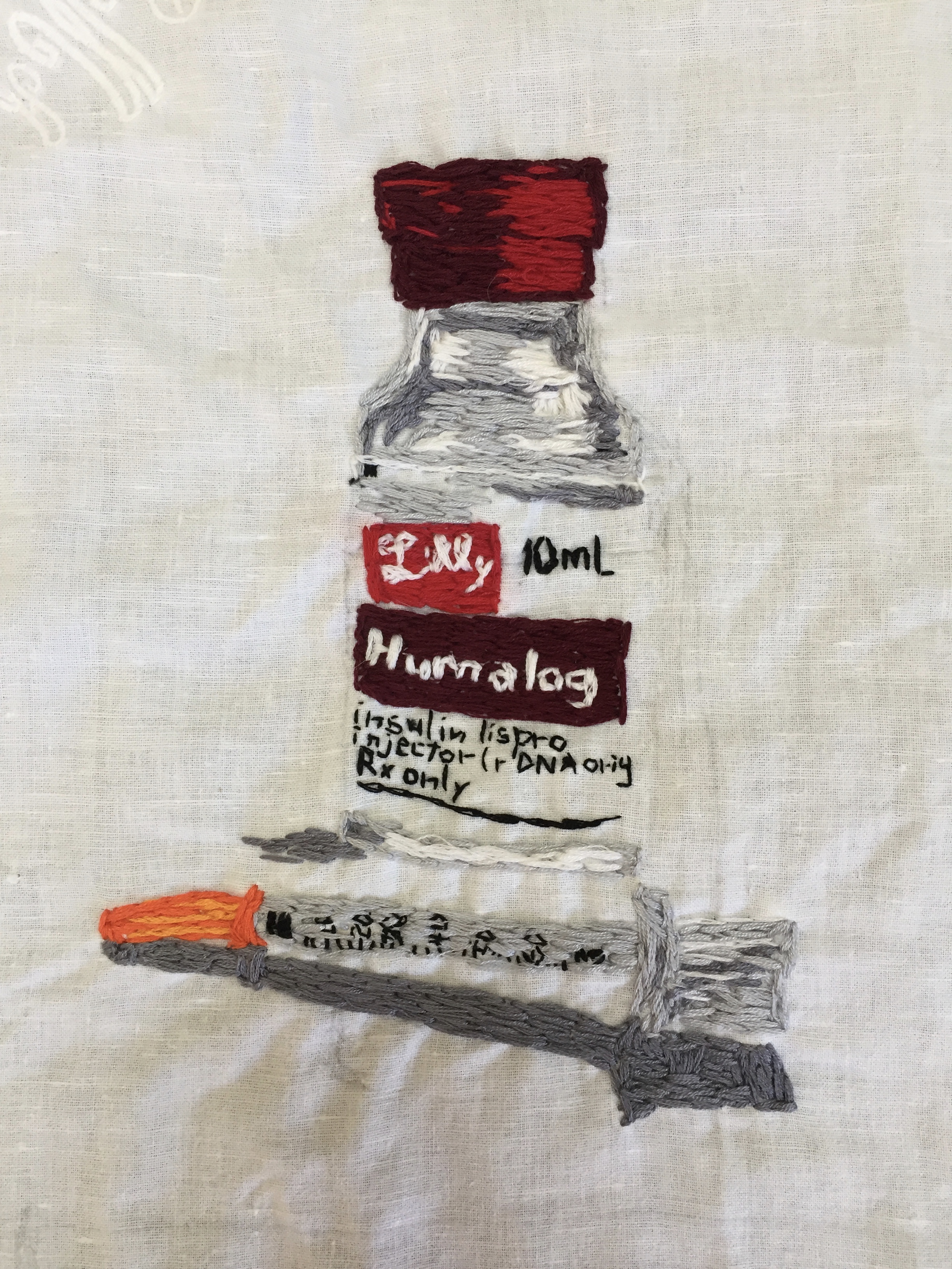 PHARMA SERIES: HUMALOG hand embroidery on a vintage linen napkin-2017 $550