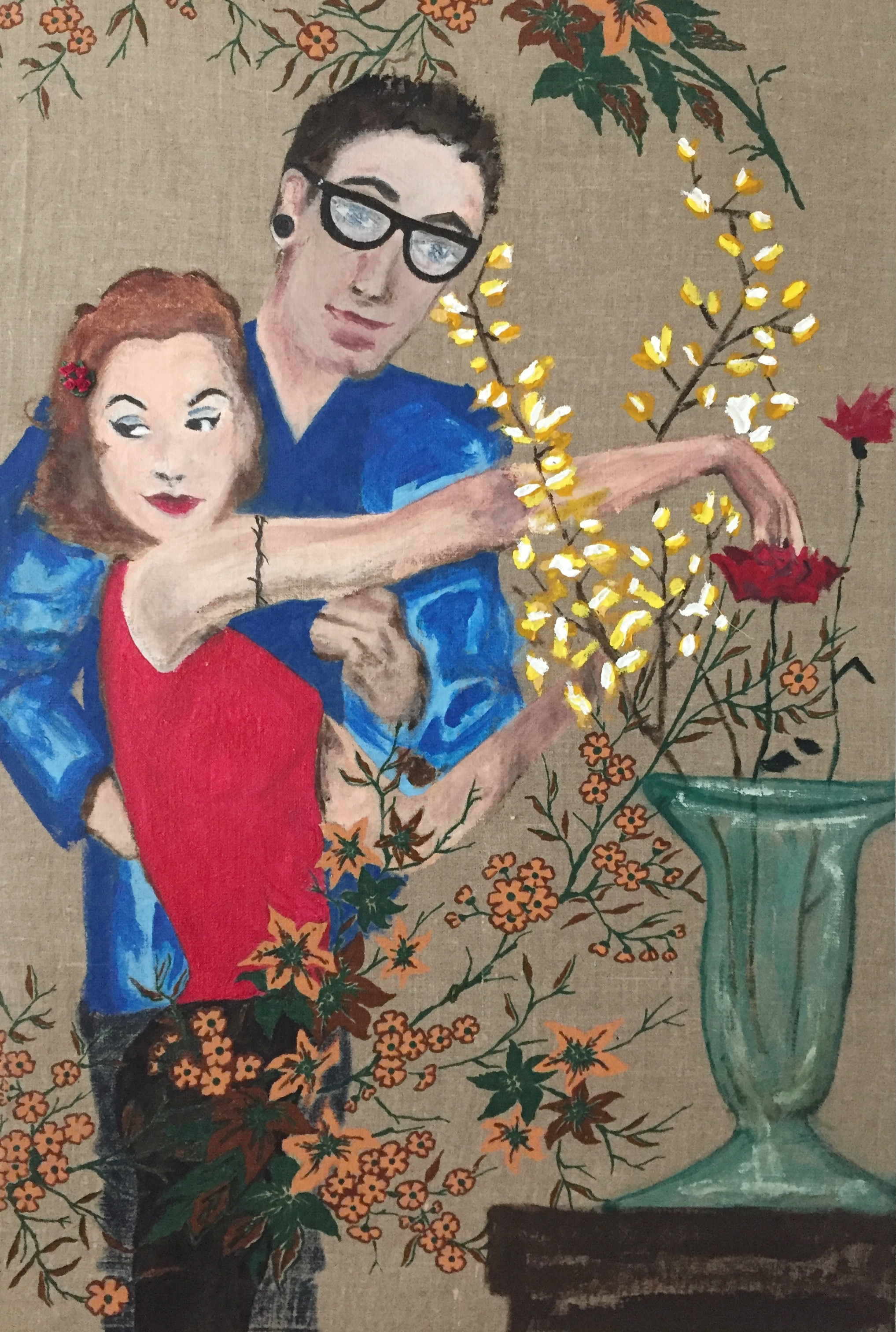 MILLENIALS-ACRYLIC & VINTAGE JEWELRY ON VINTAGE SILKSCREENED LINEN-24'“X 48”-2017 $2000
