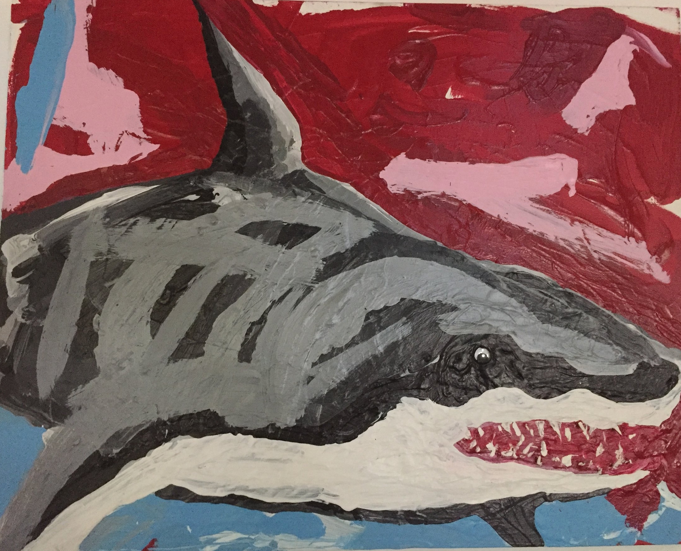 SUMMER FUN SERIES: GREAT WHITE SHARK-acrylic with googly eye and prehistoric shark teeth-2017 $450