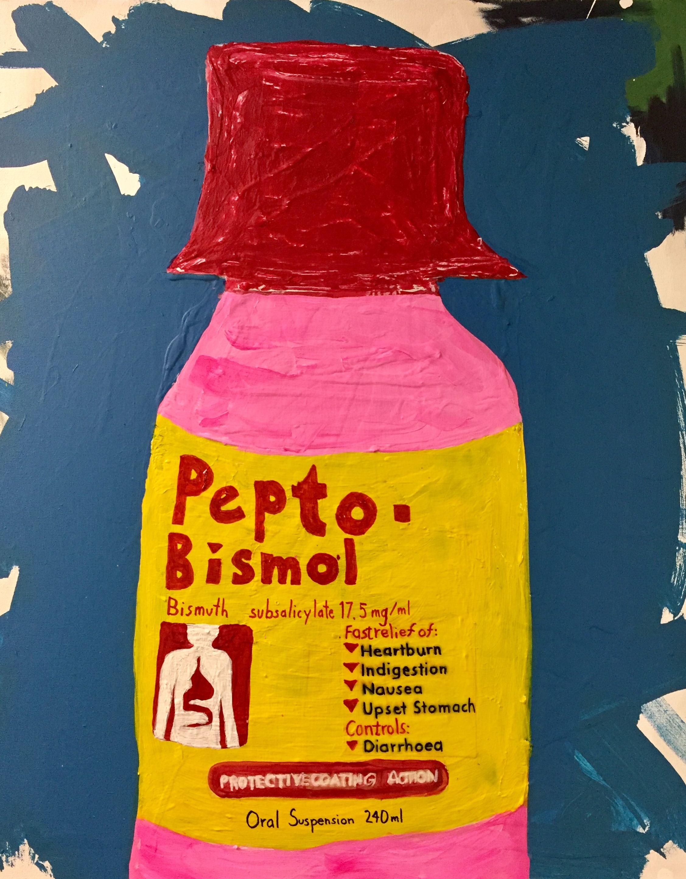 OVER THE COUNTER SERIES: PEPTO MISMOL-2017 acrylic paint and epoxy resin on canvas-24" x 30" $1100