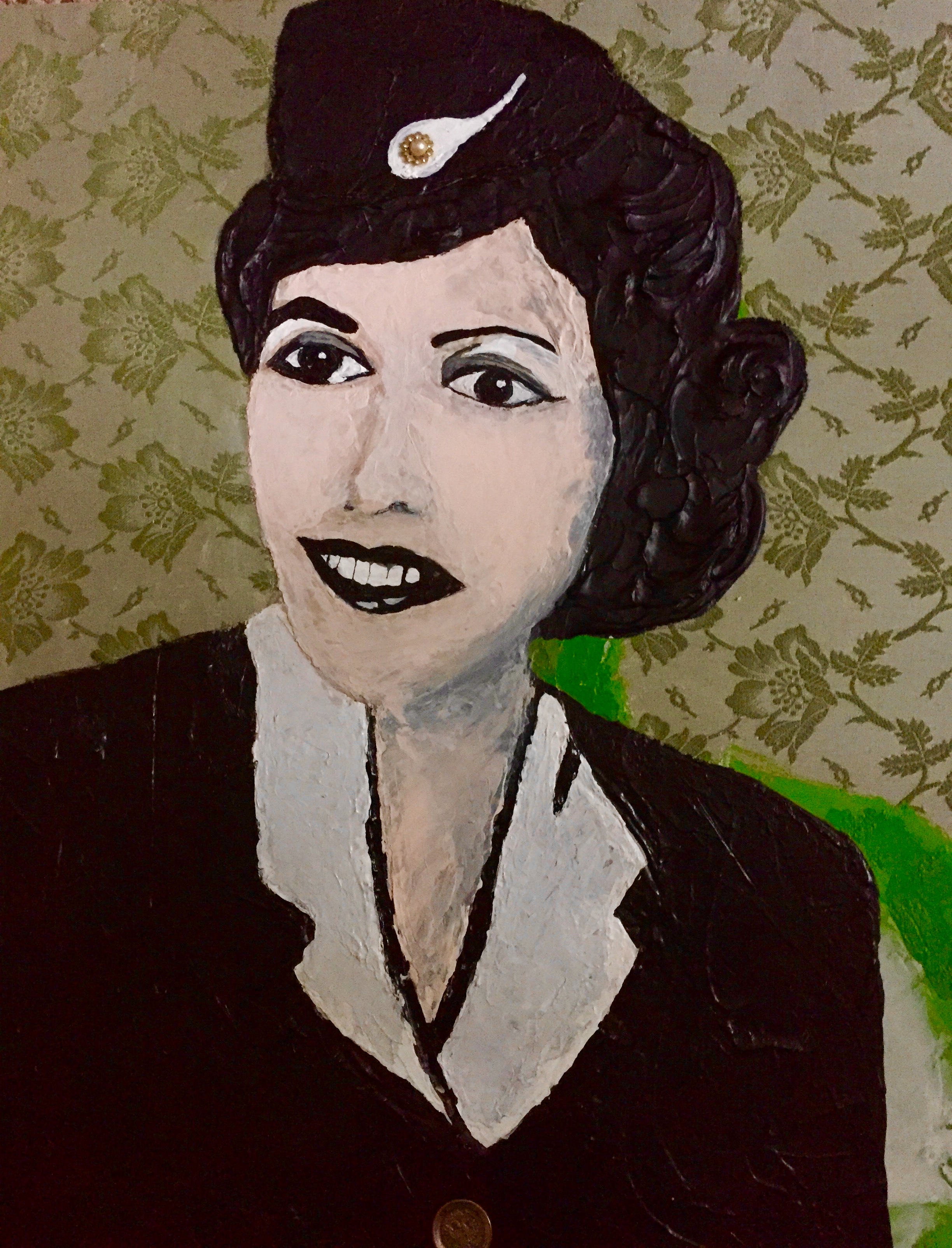 AUNT RITA WHEN SHE WAS A STEWARDESS, acrylic, acrylic gel & molding paste on stretched vintage fabric, vintage buttons-2017 $1050