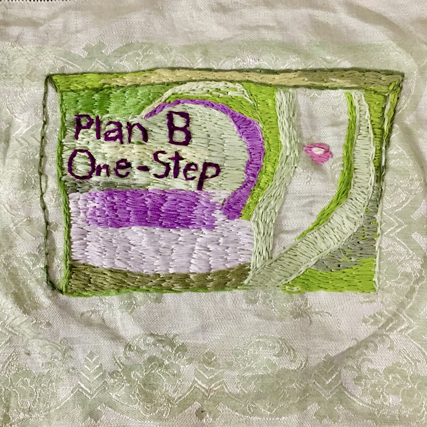 OVER THE COUNTER SERIES: PLAN B embroidery on a vintage linen napkin $750
