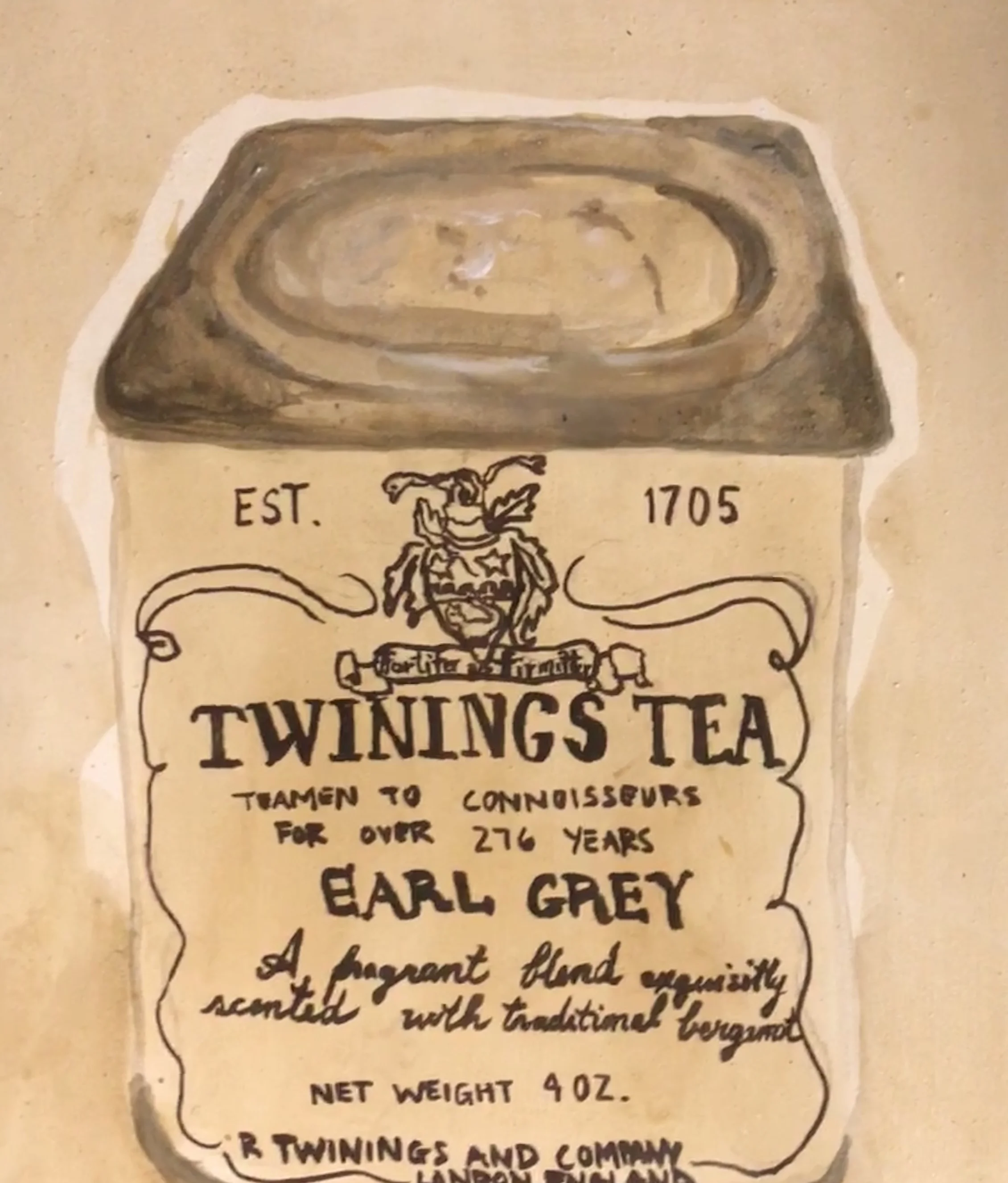 CAFFEINATED SERIES: TWININGS EARL GREY TEA-painted with brewed tea, acrylic on rabbit skin glue prepared board $400