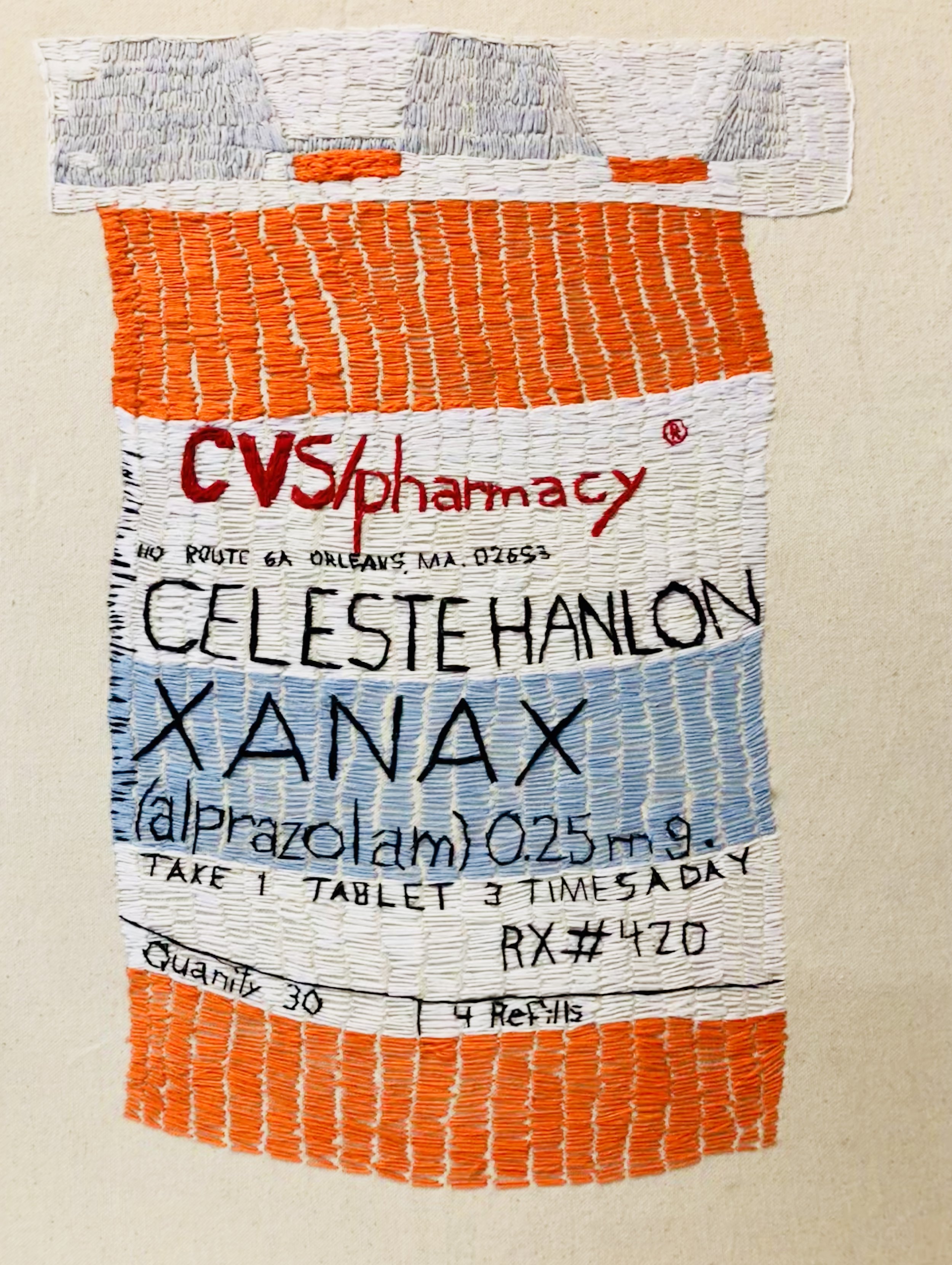 PHARMA SERIES-XANAX-EMBROIDERY ON CANVAS-18" X 24"-2018 $2600