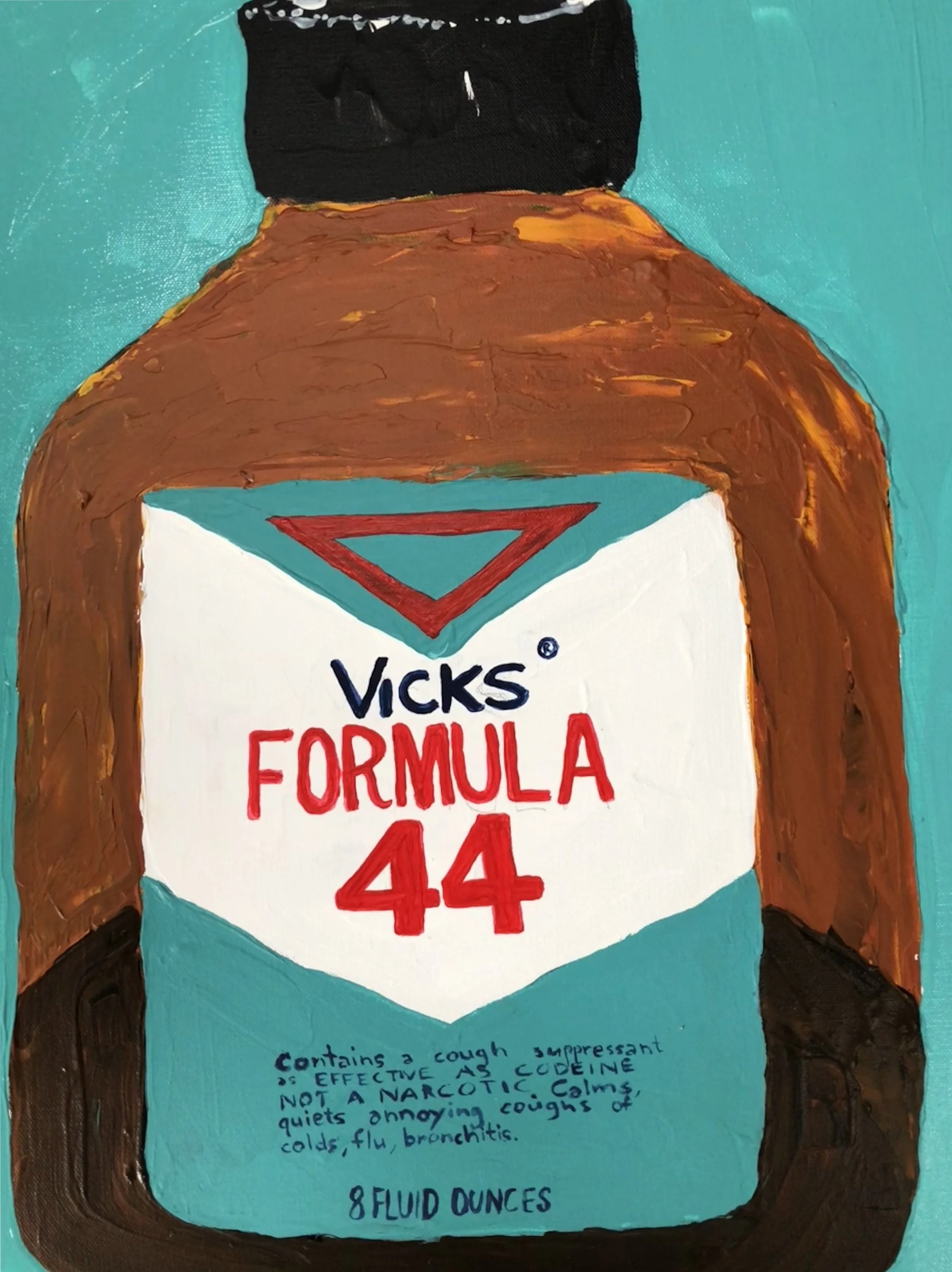 OVER THE COUNTER SERIES-VICKS FORMULA 44 COUGH SYRUP-ACRYLIC ON CANVAS IN VINTAGE FRAME-22” X 27 1/2”-2018 $850