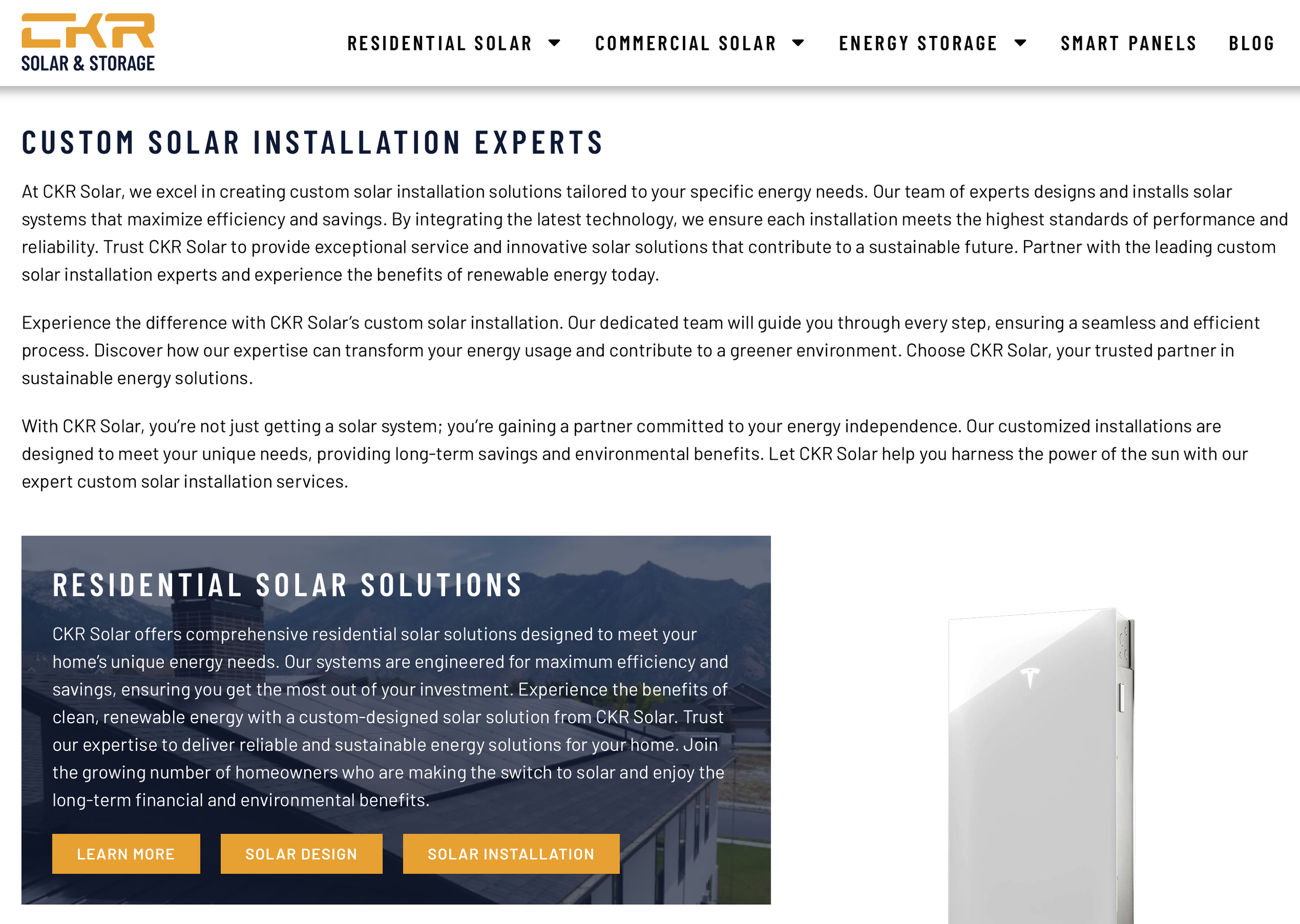 CKR Solar & Storage website showcasing residential and commercial solar solutions, illustrating how a retained content system supports brand authority, lead generation, and conversion-focused messaging.