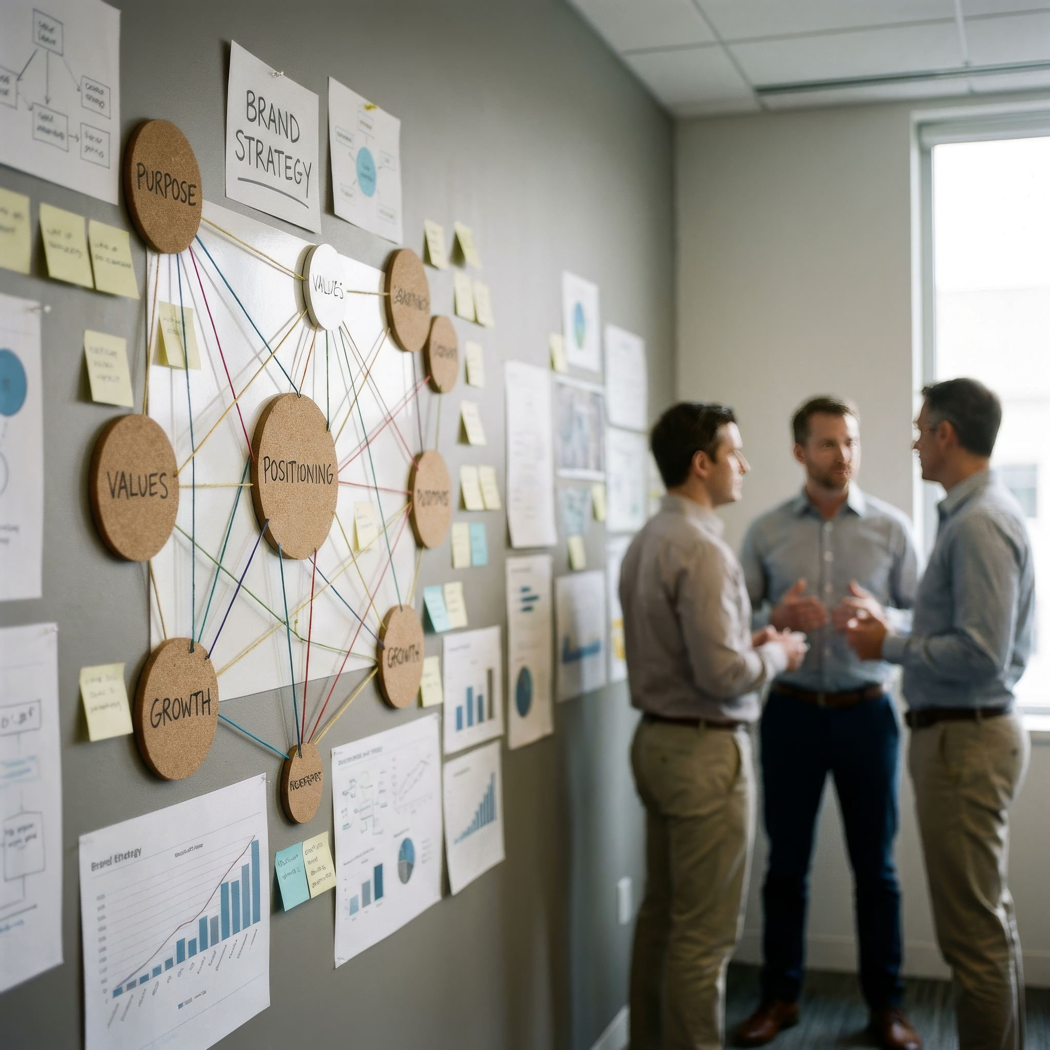 Team leaders aligning around a shared brand strategy framework, illustrating internal and external content systems that unify messaging across departments and channels.