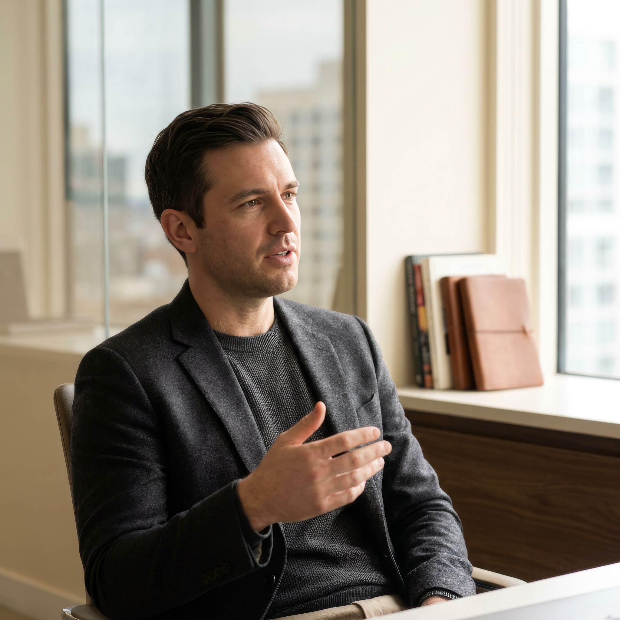 Executive content strategist speaking on camera in an office, representing strategic content systems and leadership communication for business growth.