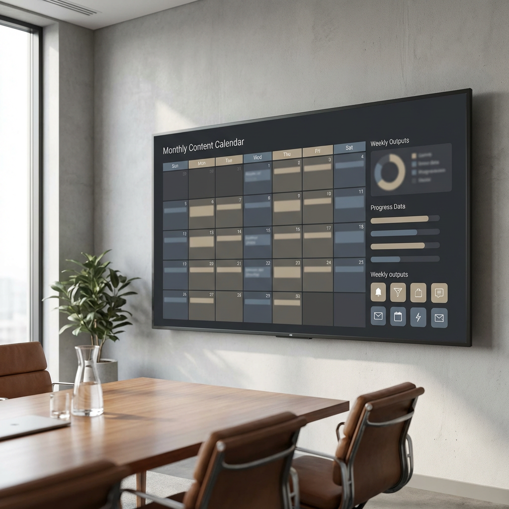 Content calendar displayed in a conference room, illustrating a corporate content system with weekly publishing cadence and structured delivery without internal overhead.