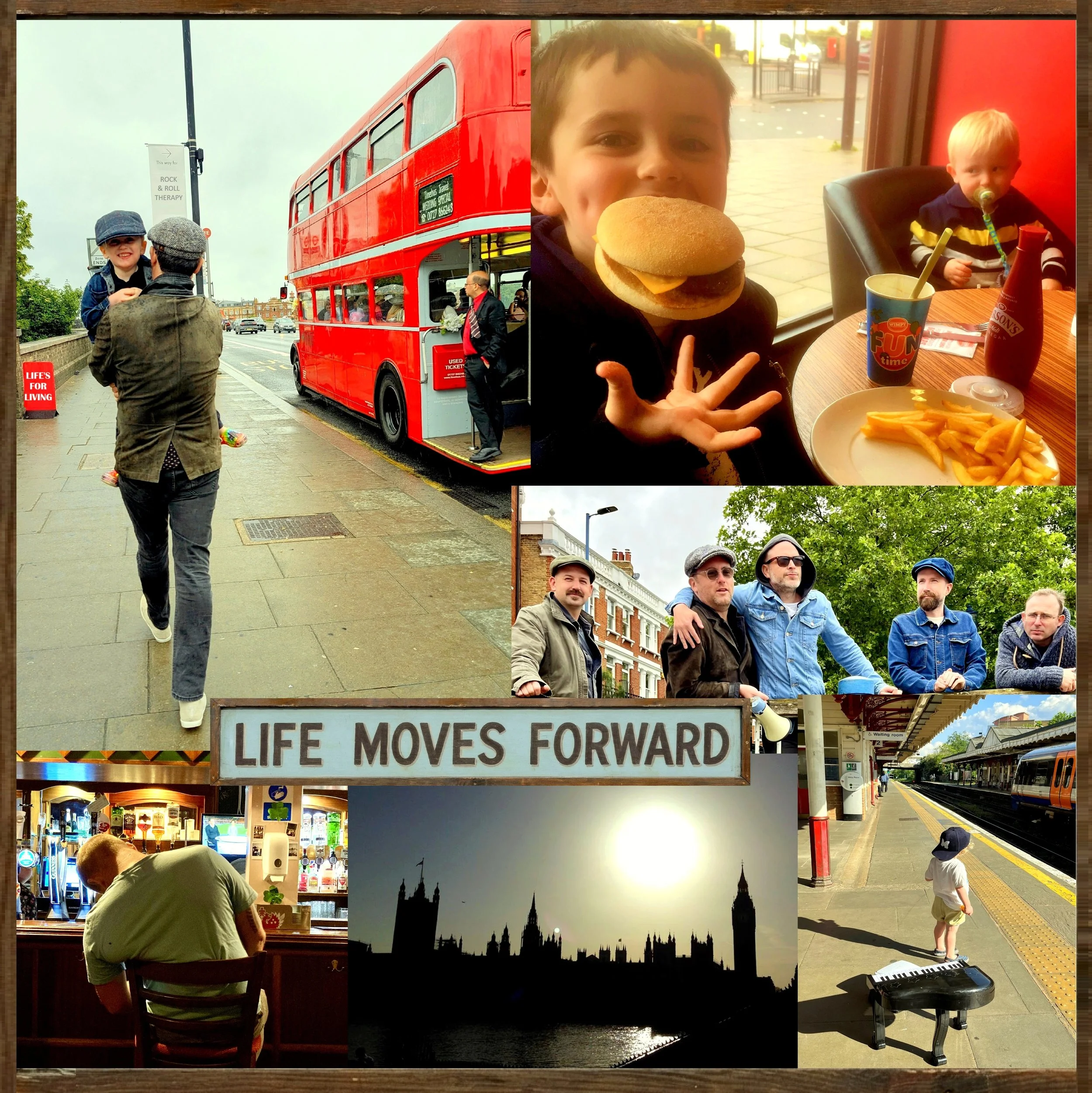 A collage of photos representing Life Moving Forward, for the latest single out 18th September 2026 Life Moves Forward by Steve Mahoney & The Mill Island Band