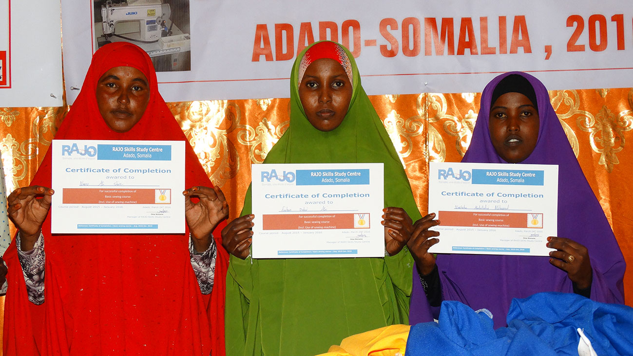 These three women have graduated from the 6 month sewing course