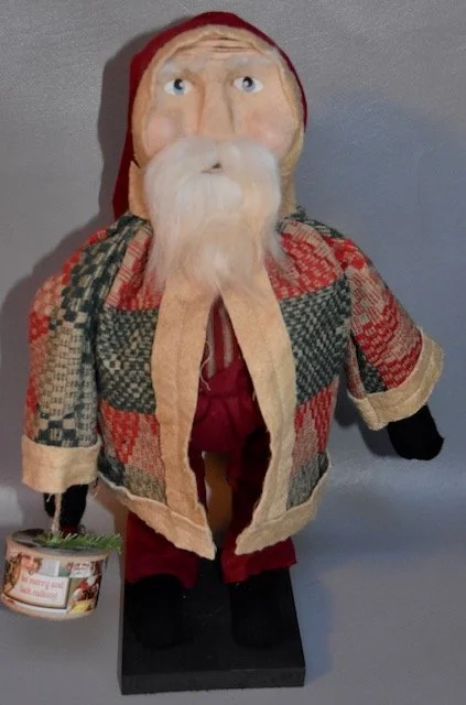 17” Vintage Style Blue-Eyed Santa Wearing Plaid Coat Holding Box $88.00