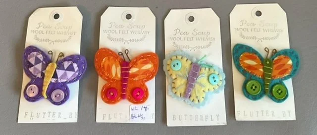 3” Flutter Pin $14.00.                     1.75”x 2” Butterfly Pin $14.00